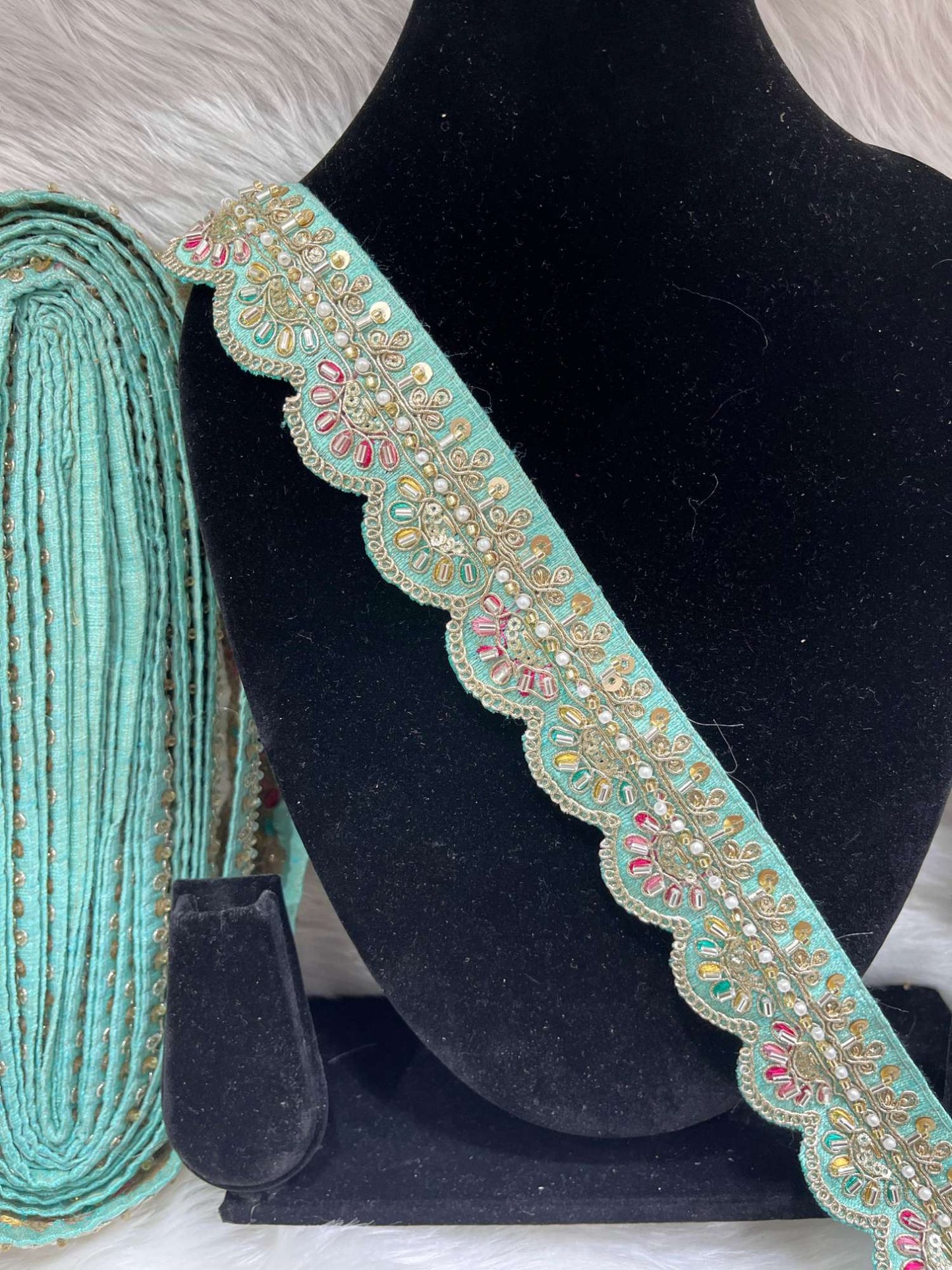 Scalloped Handwork Cutdana & Pearl Embroidered Saree Lace – 9 Meters, 1.5-Inch Maggam Work Border Trim | Sky Blue