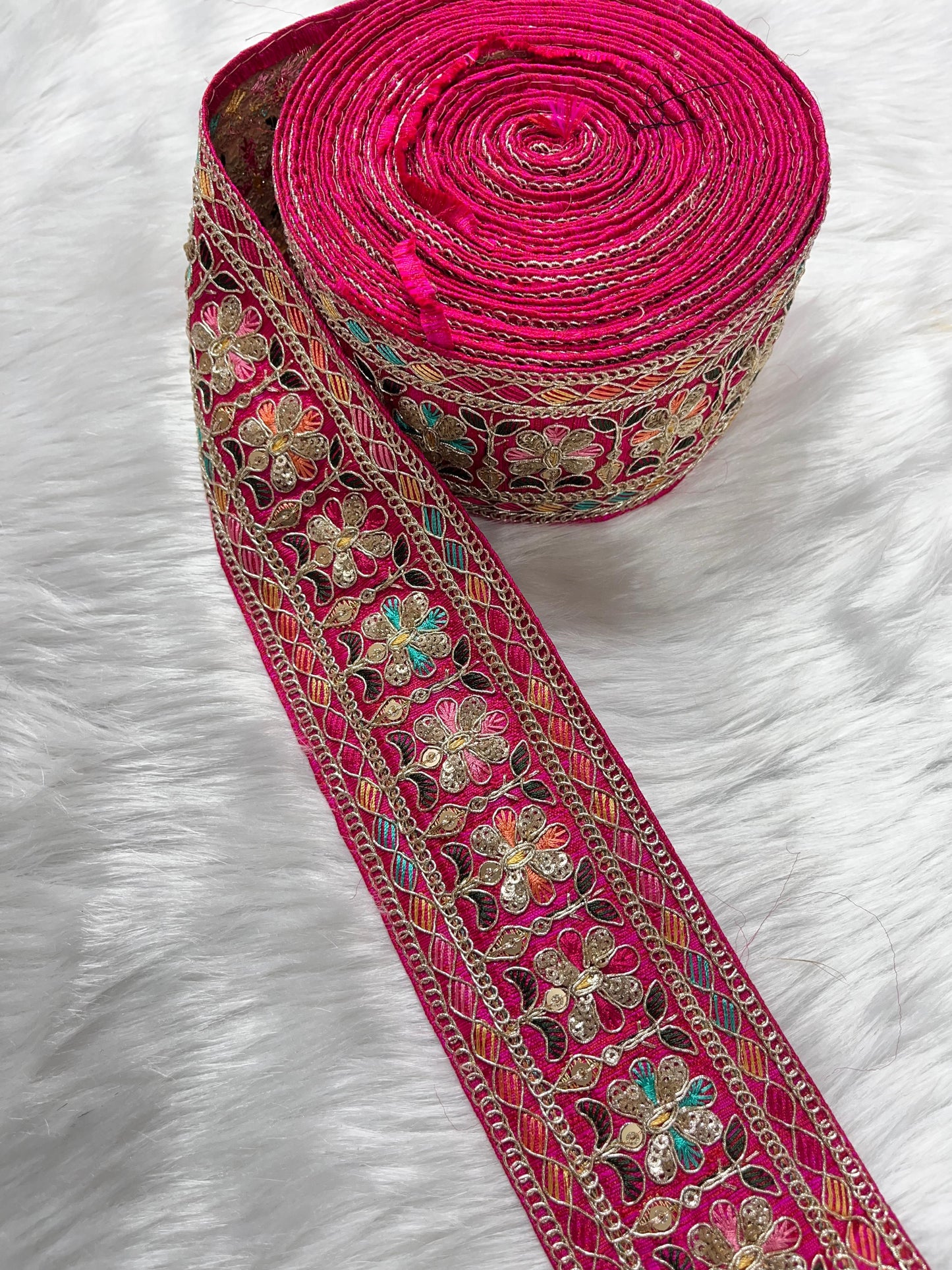 2.5 Inches Decorative Sequin Thread Embroidered Indian Mustard Sari Silk Dupatta Border Ribbon (9 Meter) | Tomato