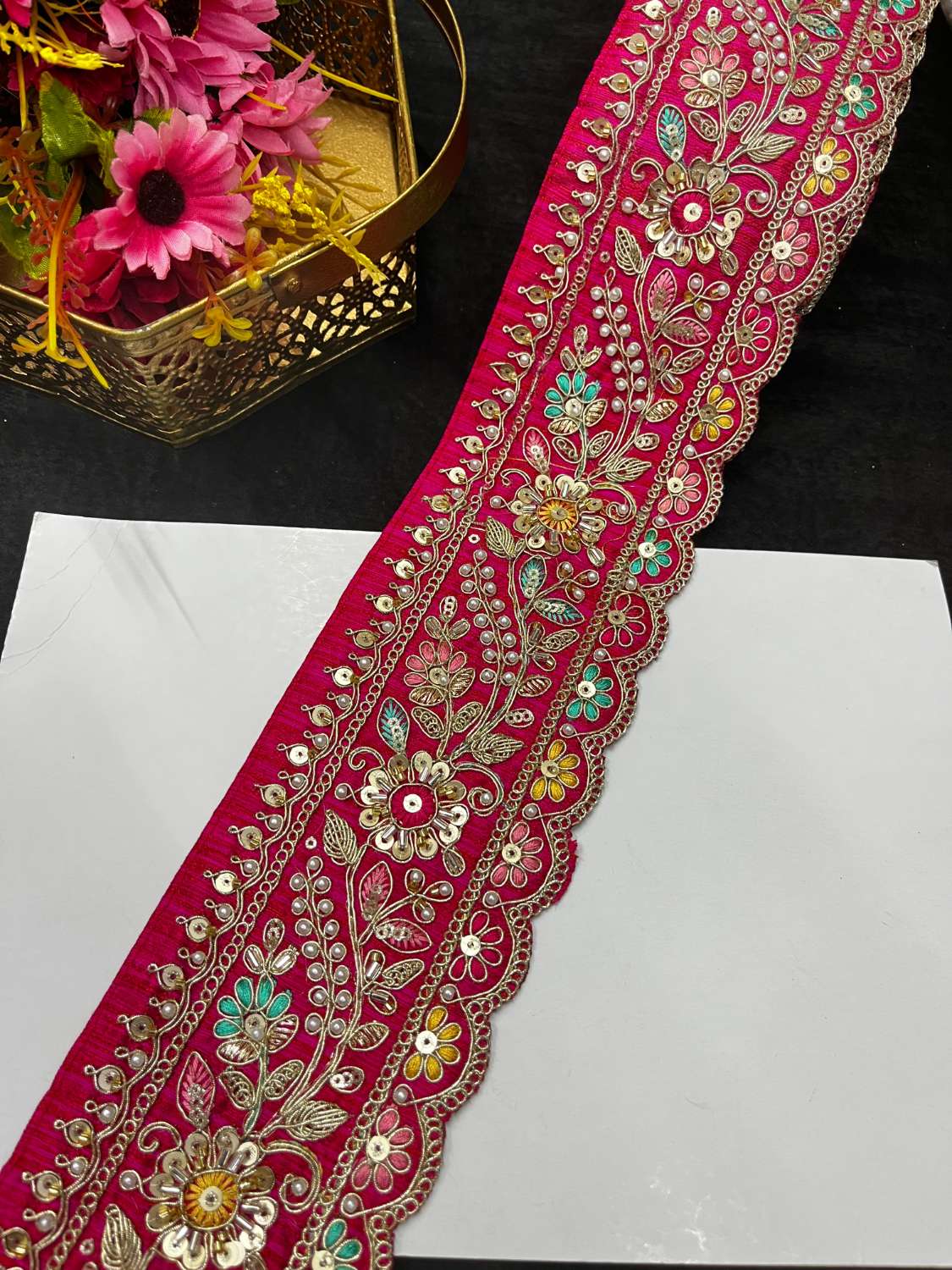 Multicoloured Sabyasachi Inspired Beaded & Katdana Work Saree Lace Border – Premium Maggam Work Trim for Bridal & Designer Wear (9 Meter, 3.5 Inch Width) | Tomato