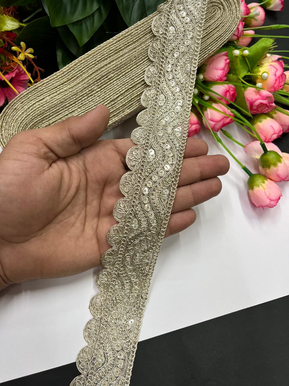 Elegant Golden Zari Embroidered Saree Laces – Premium 1.5 Inch Gold Designer Border for Dupattas, Lehengas & Festive Wear (9 Meter) | Water Gold