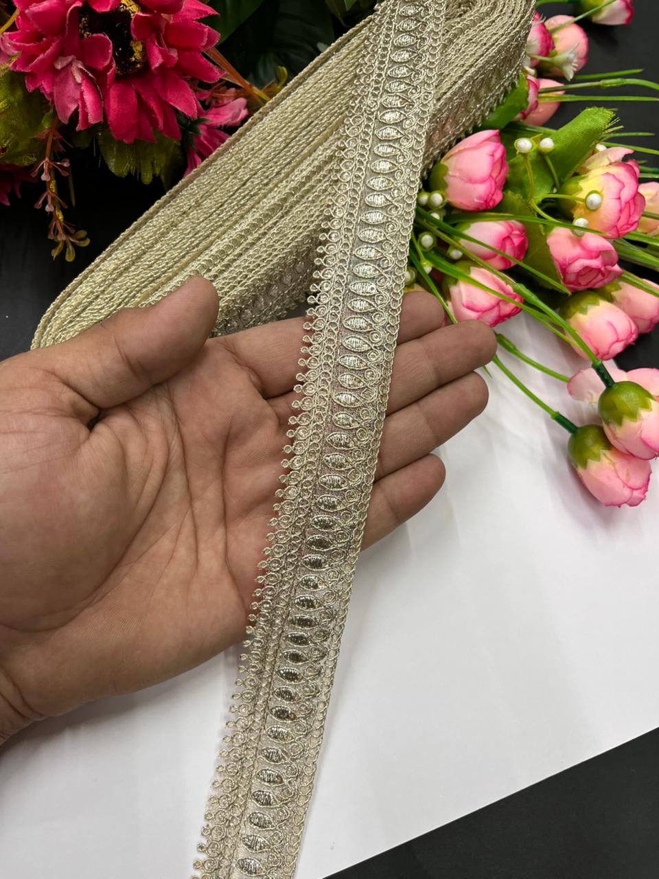 Gold Embroidered Zari Lace Trims for Boutique – Premium 1 Inch Designer Border for Sarees, Dupattas, Lehengas & Craft Use (9 Meter) | Water Gold