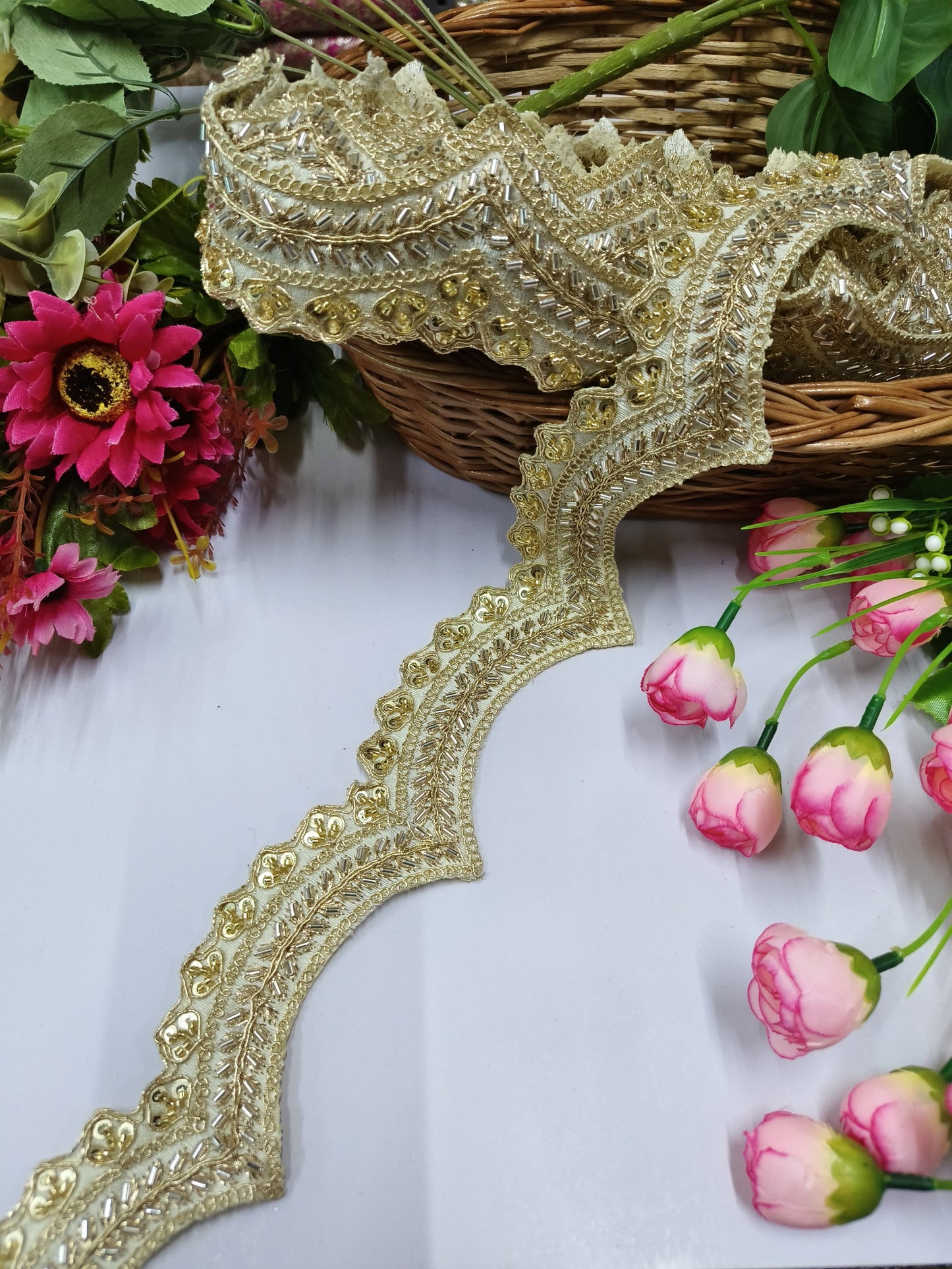 Handmade Cutdana Lace Borders – Premium Quality, Intricate Embellishments for Sarees, Lehengas, Bridal Couture, and Luxury Home Decor - Off White
