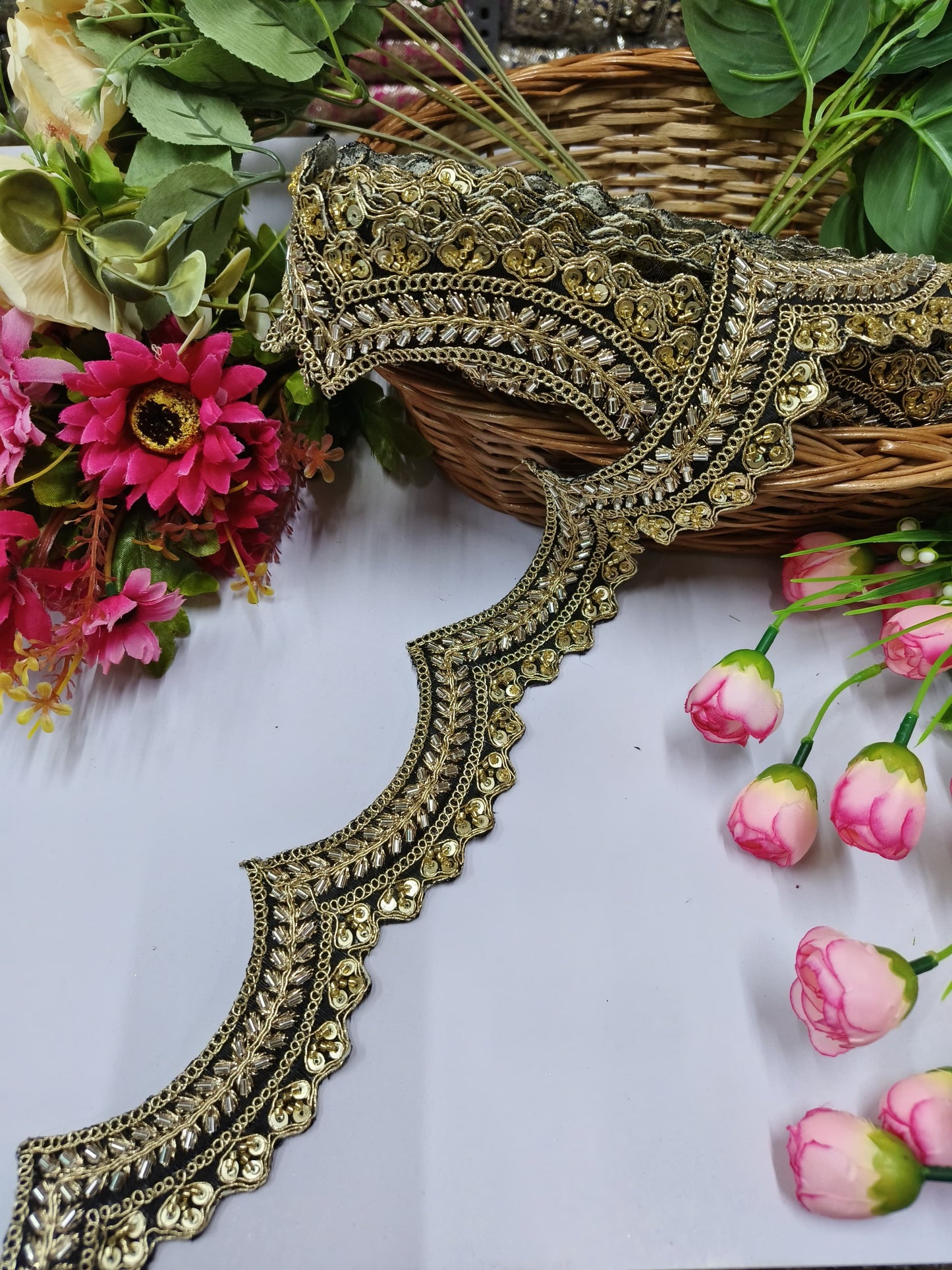 Handmade Cutdana Lace Borders – Premium Quality, Intricate Embellishments for Sarees, Lehengas, Bridal Couture, and Luxury Home Decor - Dark Green