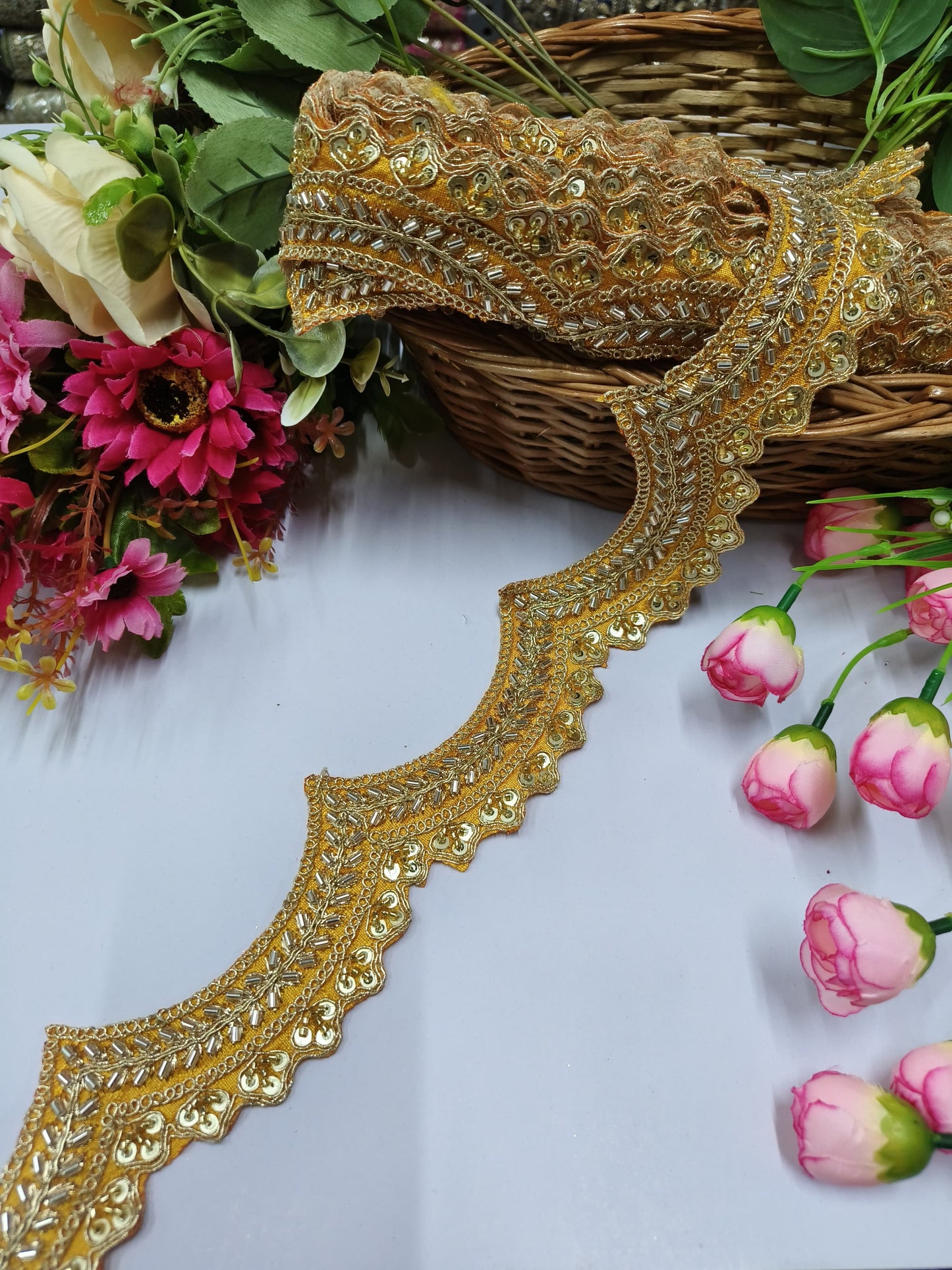 Handmade Cutdana Lace Borders – Premium Quality, Intricate Embellishments for Sarees, Lehengas, Bridal Couture, and Luxury Home Decor - Yellow