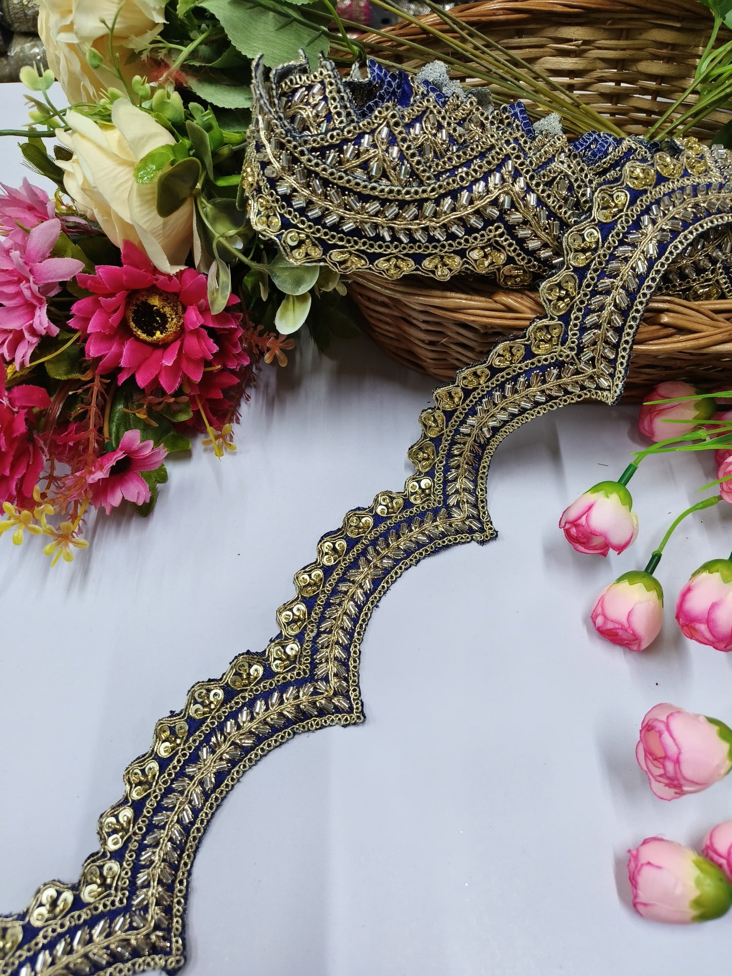 Handmade Cutdana Lace Borders – Premium Quality, Intricate Embellishments for Sarees, Lehengas, Bridal Couture, and Luxury Home Decor - Navy Blue