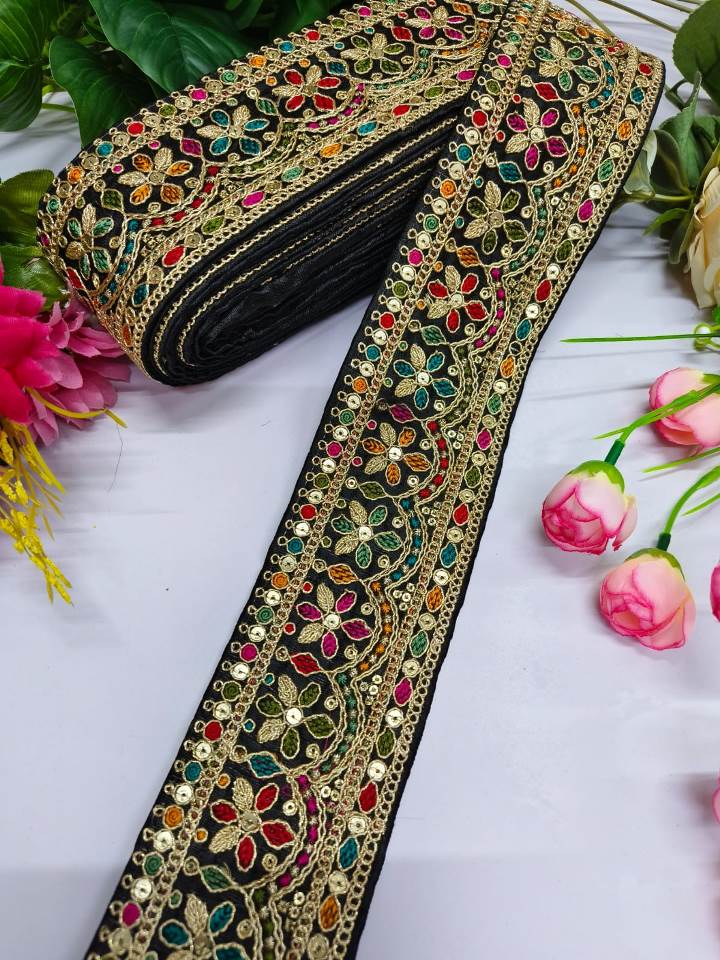 Embroidery Zari Work With Multi Thared Sabhyasachi Laces Saree Dupattas Borders – Premium Quality for Sarees, Lehengas, Dresses and Crafts Decoration - Black