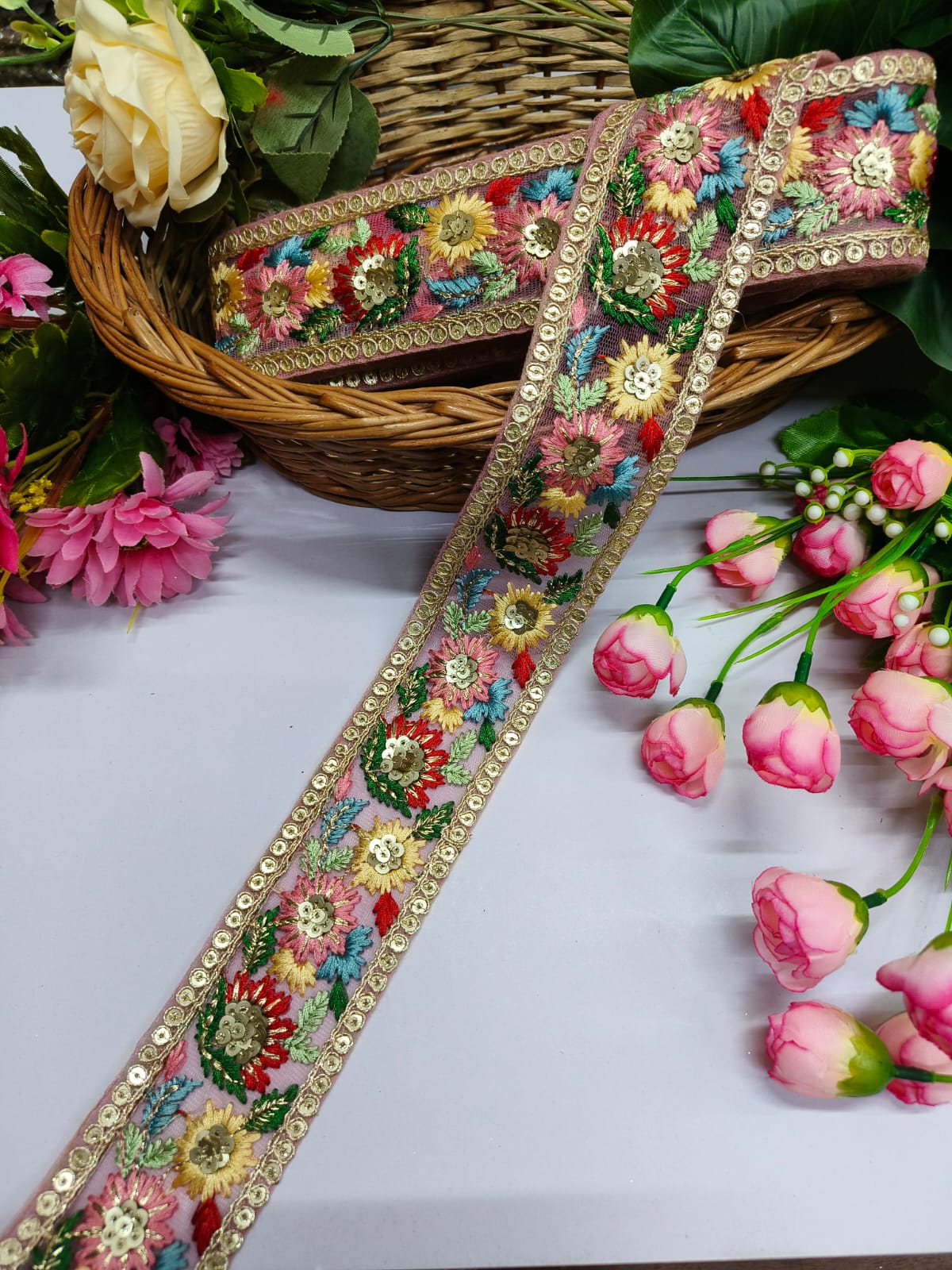 Embroidered Fabric Trim Indian Embroidery Sari Border Crafting Saree Sewing Decorative Beach Bag Cushions Trimmings Ribbons Tape, Jewelry Making Trim, Table Runner Lace - Peach With Multi