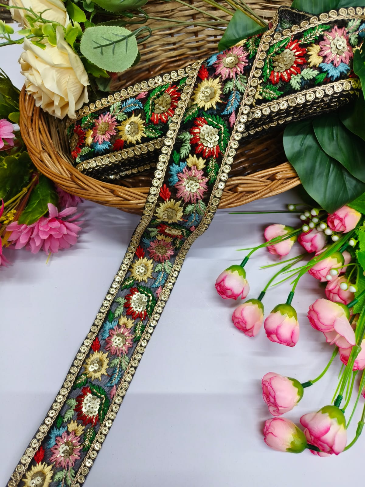 Embroidered Fabric Trim Indian Embroidery Sari Border Crafting Saree Sewing Decorative Beach Bag Cushions Trimmings Ribbons Tape, Jewelry Making Trim, Table Runner Lace - Black With Multi