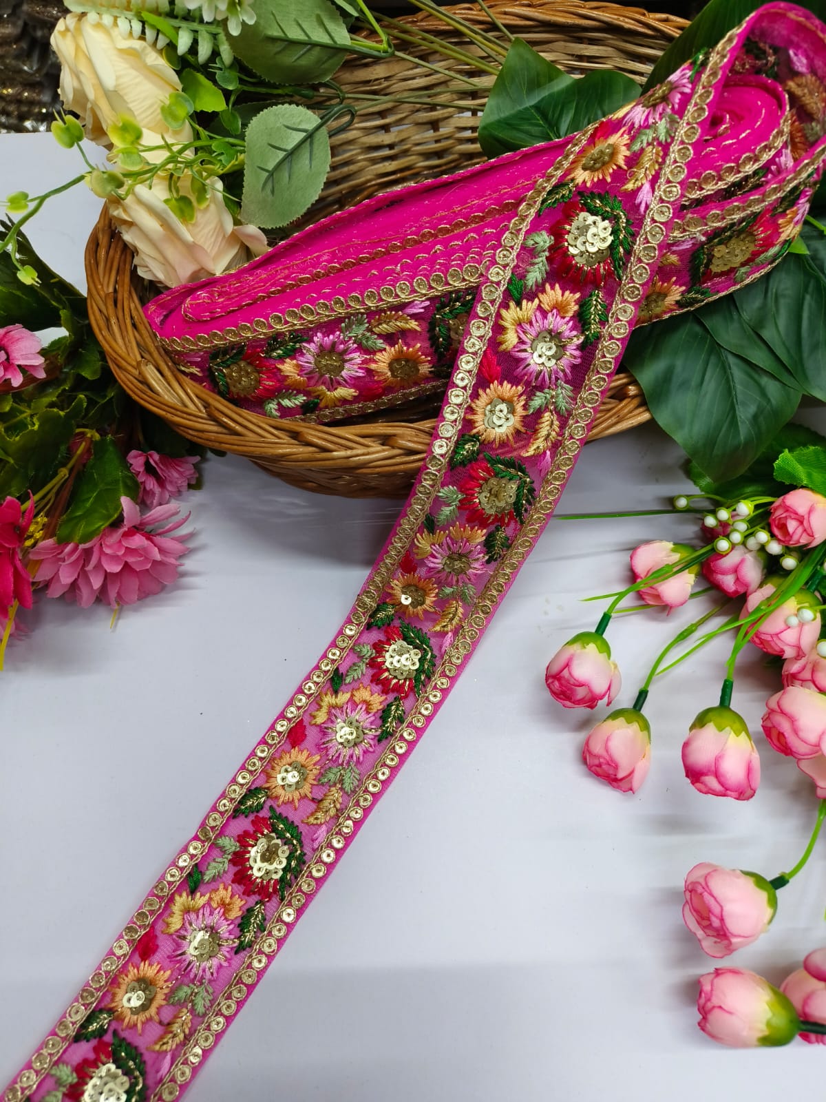 Embroidered Fabric Trim Indian Embroidery Sari Border Crafting Saree Sewing Decorative Beach Bag Cushions Trimmings Ribbons Tape, Jewelry Making Trim, Table Runner Lace - Pink With Multi