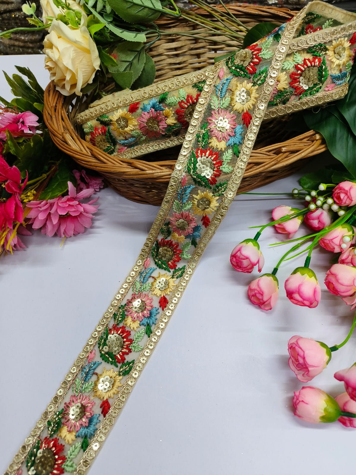 Embroidered Fabric Trim Indian Embroidery Sari Border Crafting Saree Sewing Decorative Beach Bag Cushions Trimmings Ribbons Tape, Jewelry Making Trim, Table Runner Lace - Gold With Red Multi