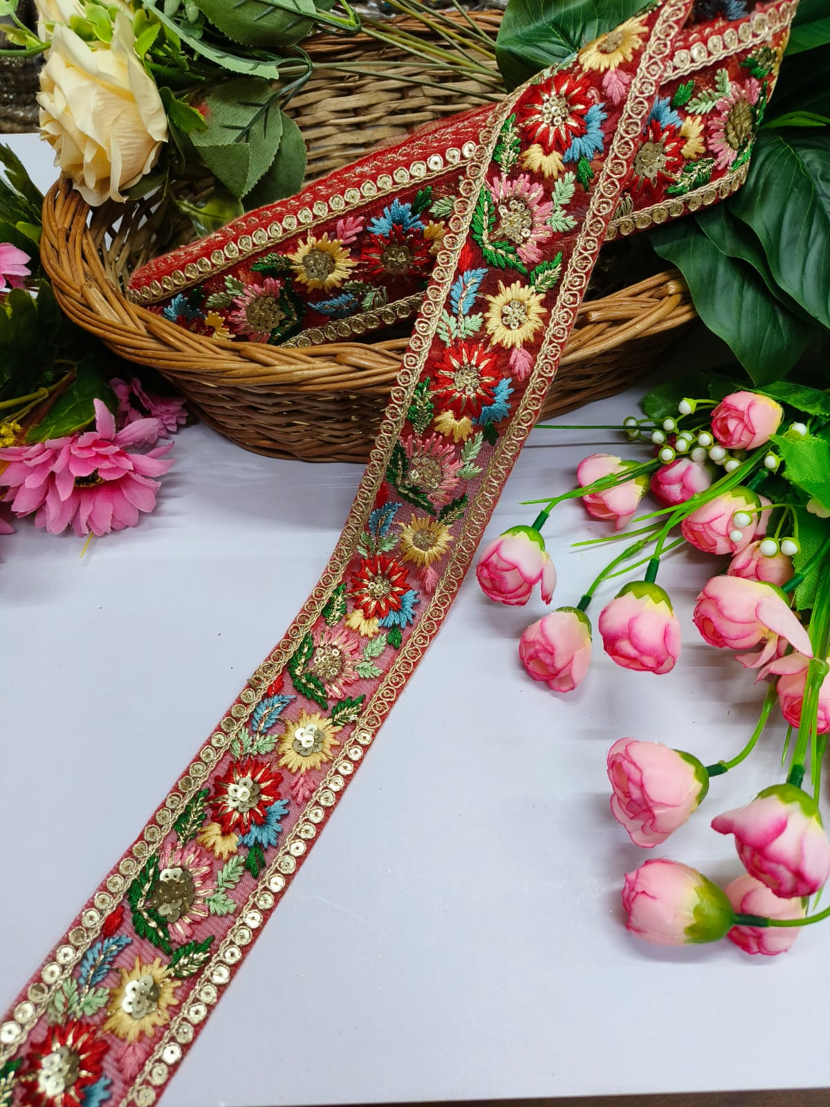 Embroidered Fabric Trim Indian Embroidery Sari Border Crafting Saree Sewing Decorative Beach Bag Cushions Trimmings Ribbons Tape, Jewelry Making Trim, Table Runner Lace - Red With Multi