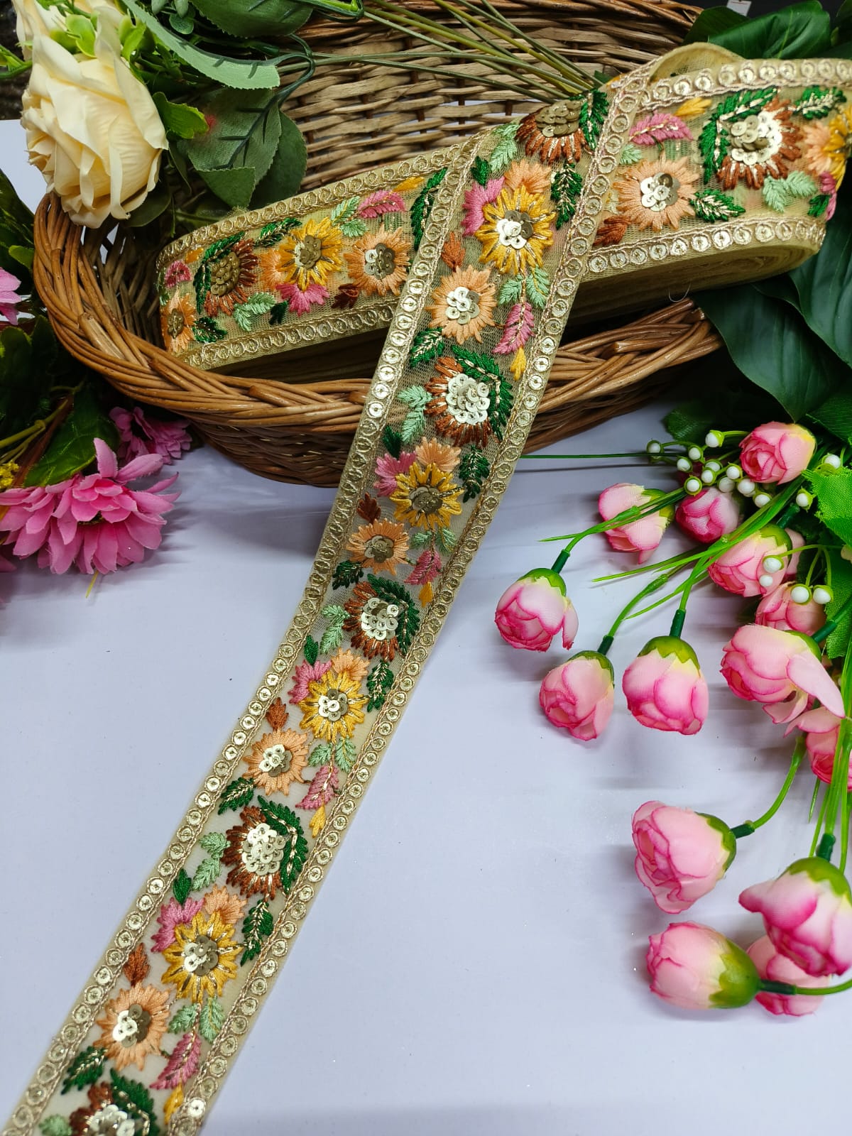 Embroidered Fabric Trim Indian Embroidery Sari Border Crafting Saree Sewing Decorative Beach Bag Cushions Trimmings Ribbons Tape, Jewelry Making Trim, Table Runner Lace - Gold With Multi