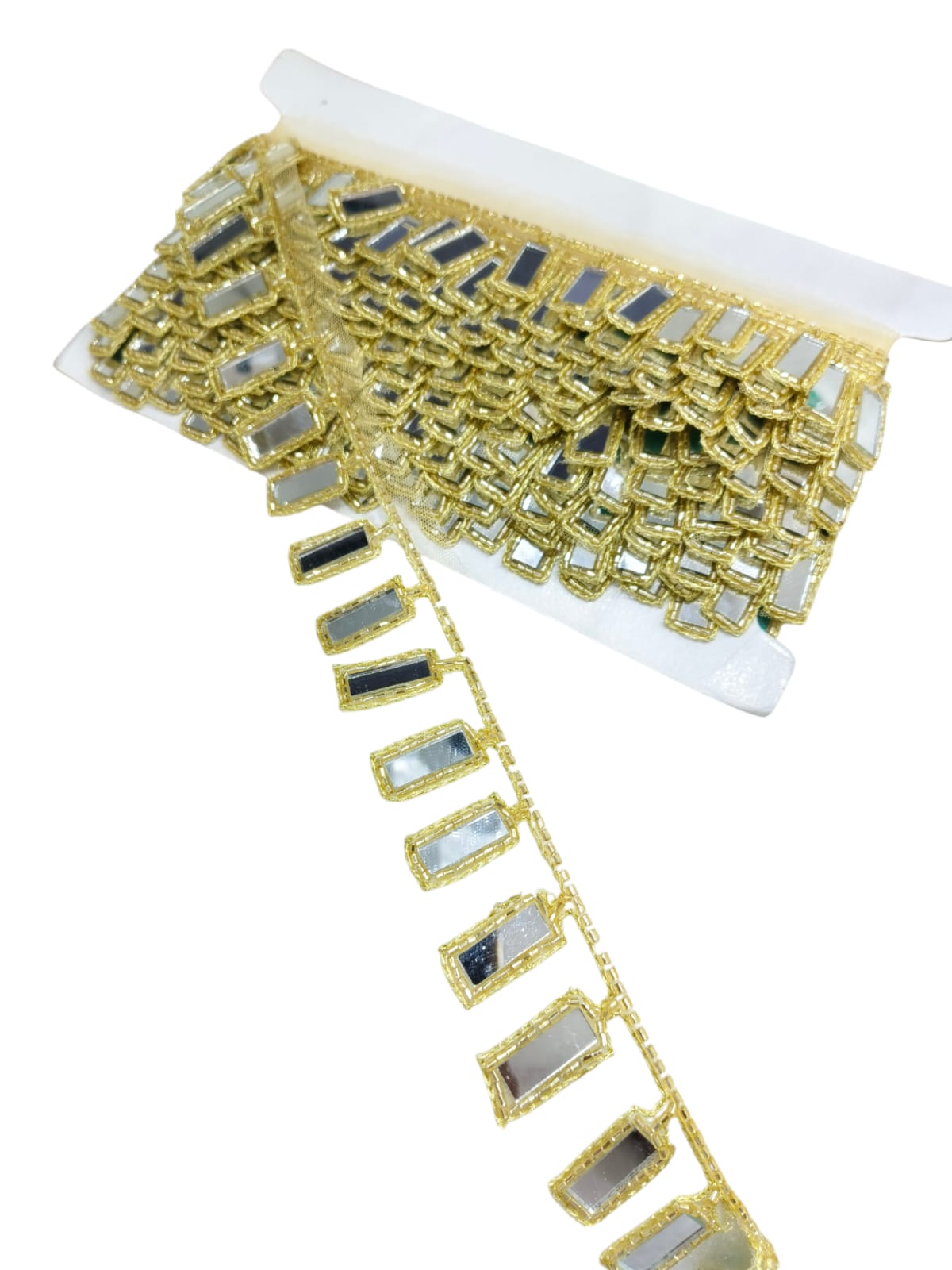 Handmade Cutdana Mirror Work Lace Borders – Premium Quality, Intricate Embellishments for Sarees, Lehengas, Bridal Couture, and Luxury Home Decor - Gold