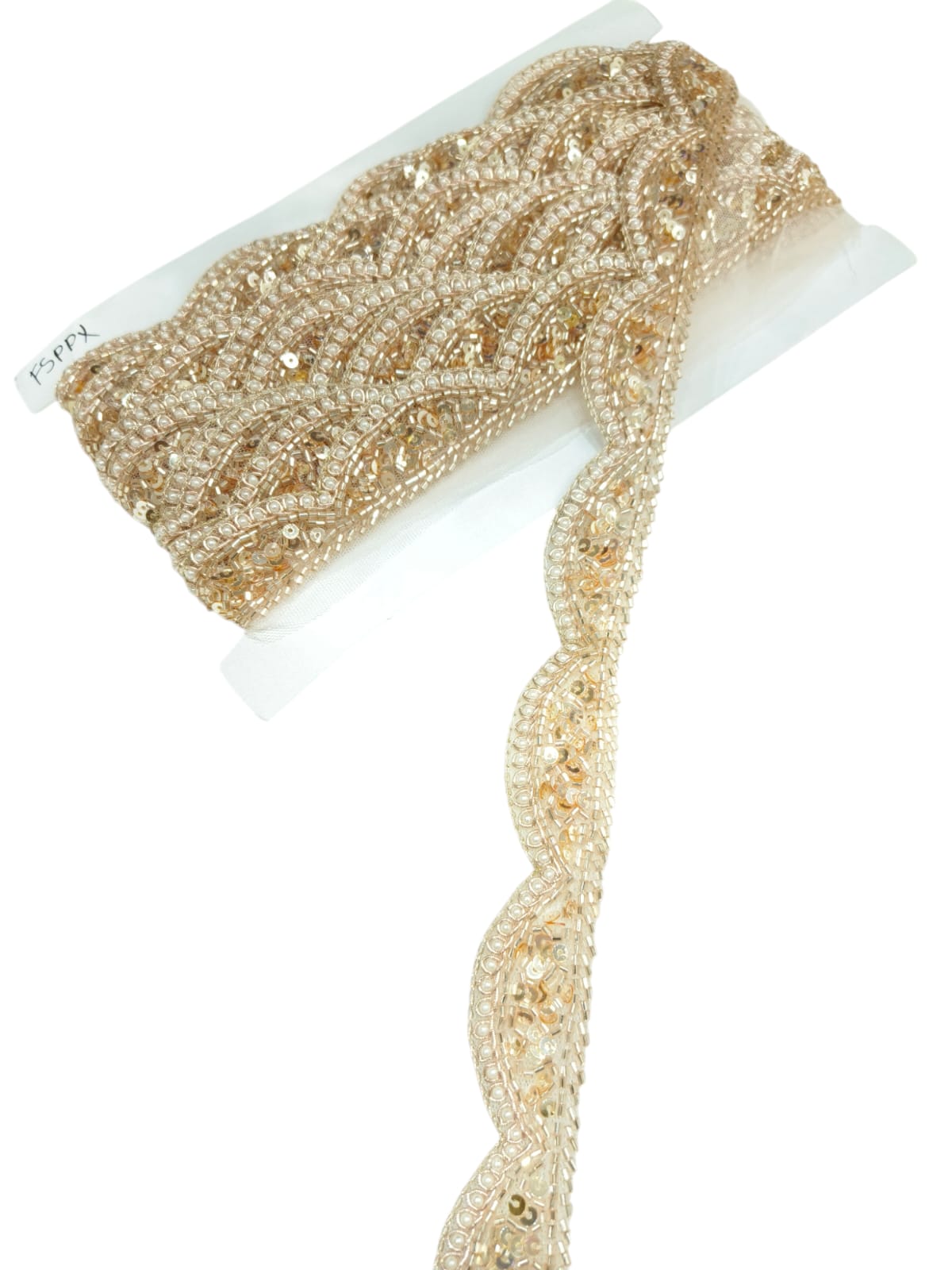 Antique Zardosi Blossom Net Scallop Lace with Pearls – Premium Quality, Intricate Embellishments for Sarees, Lehengas, Bridal Couture, and Luxury Home Decor - Rose Gold