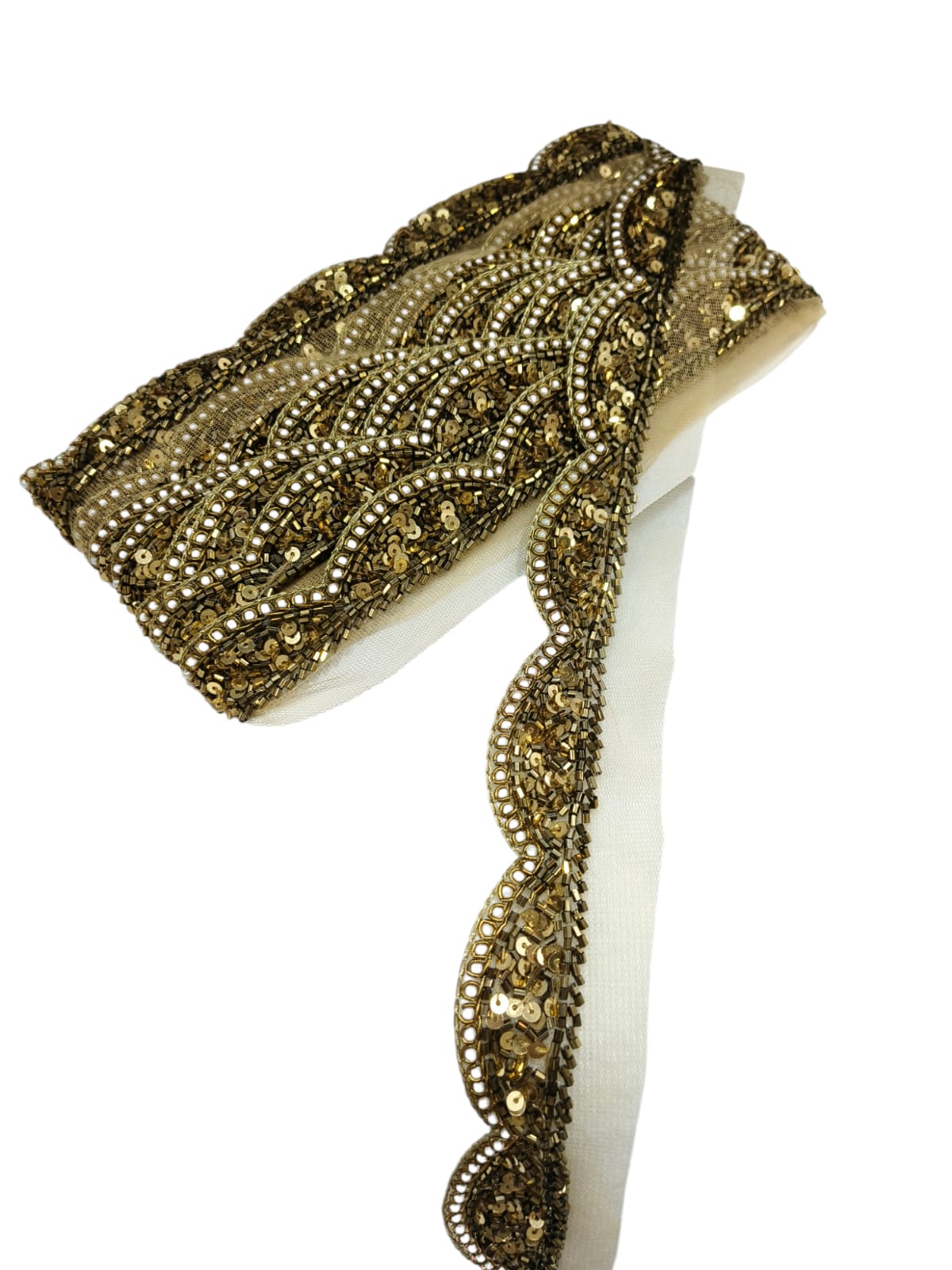 Antique Zardosi Blossom Net Scallop Lace with Pearls – Premium Quality, Intricate Embellishments for Sarees, Lehengas, Bridal Couture, and Luxury Home Decor - Copper Gold