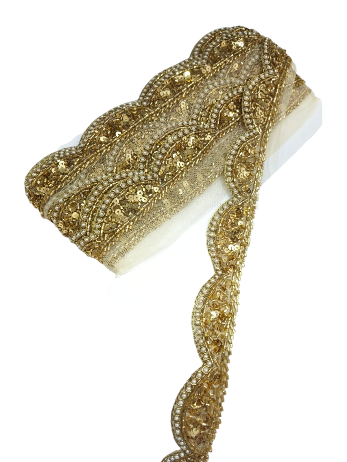Antique Zardosi Blossom Net Scallop Lace with Pearls – Premium Quality, Intricate Embellishments for Sarees, Lehengas, Bridal Couture, and Luxury Home Decor - Antique Gold
