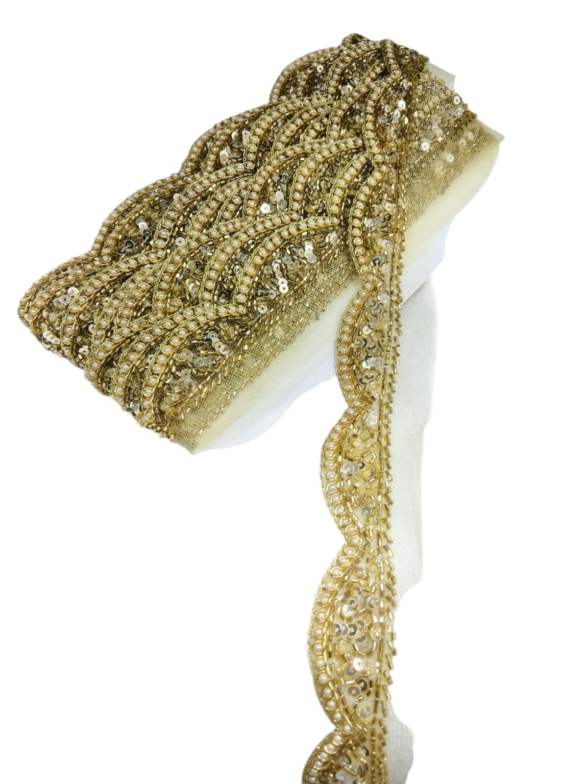 Antique Zardosi Blossom Net Scallop Lace with Pearls – Premium Quality, Intricate Embellishments for Sarees, Lehengas, Bridal Couture, and Luxury Home Decor - Gold