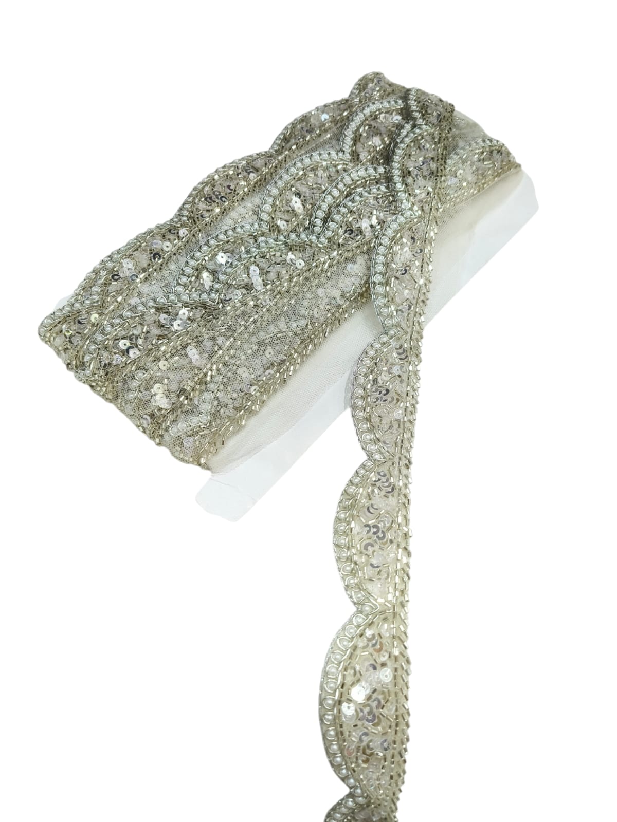 Antique Zardosi Blossom Net Scallop Lace with Pearls – Premium Quality, Intricate Embellishments for Sarees, Lehengas, Bridal Couture, and Luxury Home Decor - Silver