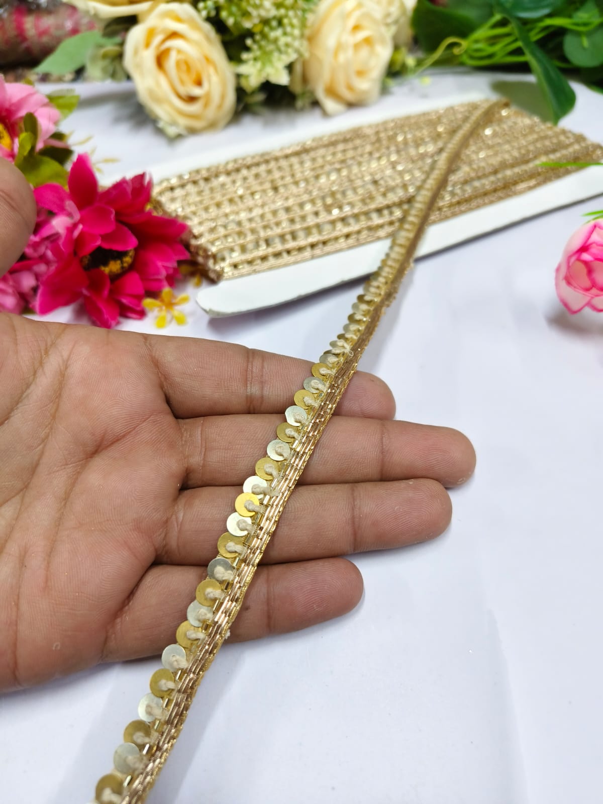 Handmade Coin + Jardoshi Trims Indian Embroidery Sari Border Crafting Saree Sewing Decorative Beach Bag Cushions Trimmings Ribbons Tape, Jewelry Making Trim, Table Runner Lace - Mix Gold
