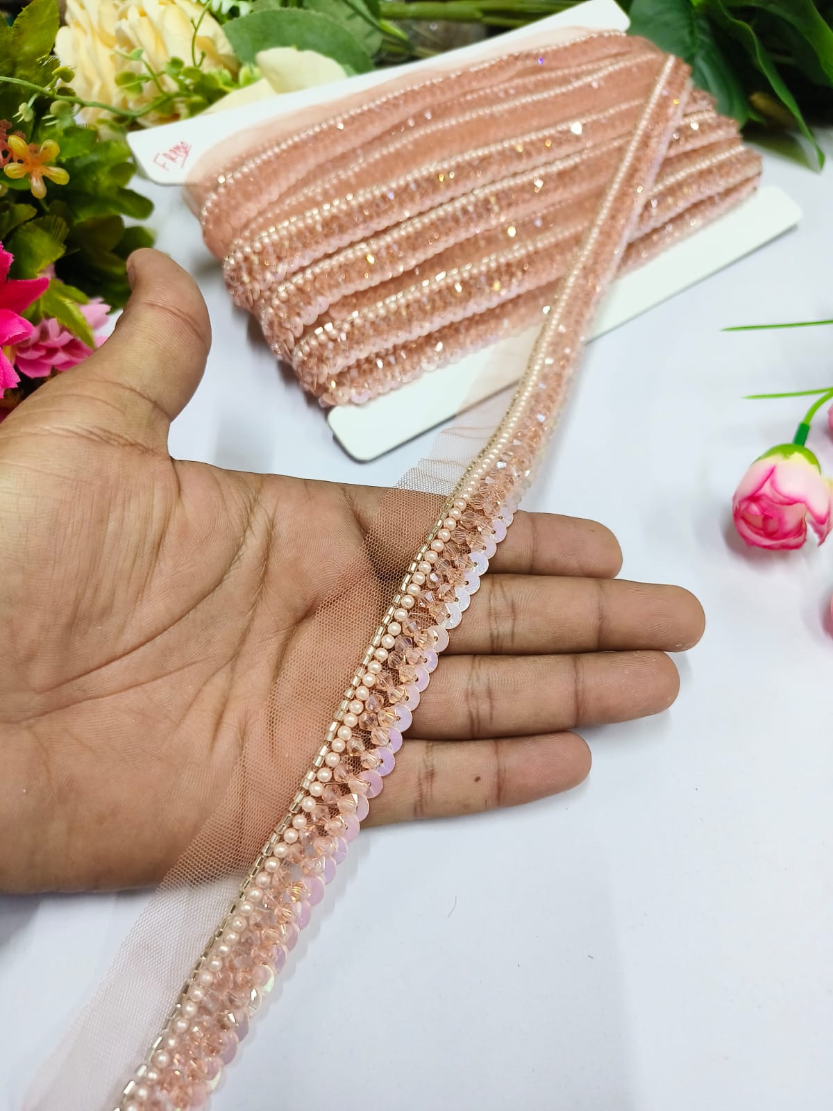 Deeps Creation Handmade Crystal laces Trims Indian Handmade Lace Borders – Premium Quality, Intricate Embellishments for Sarees, Lehengas, Bridal Couture, and Luxury Home Decor - Rose gold