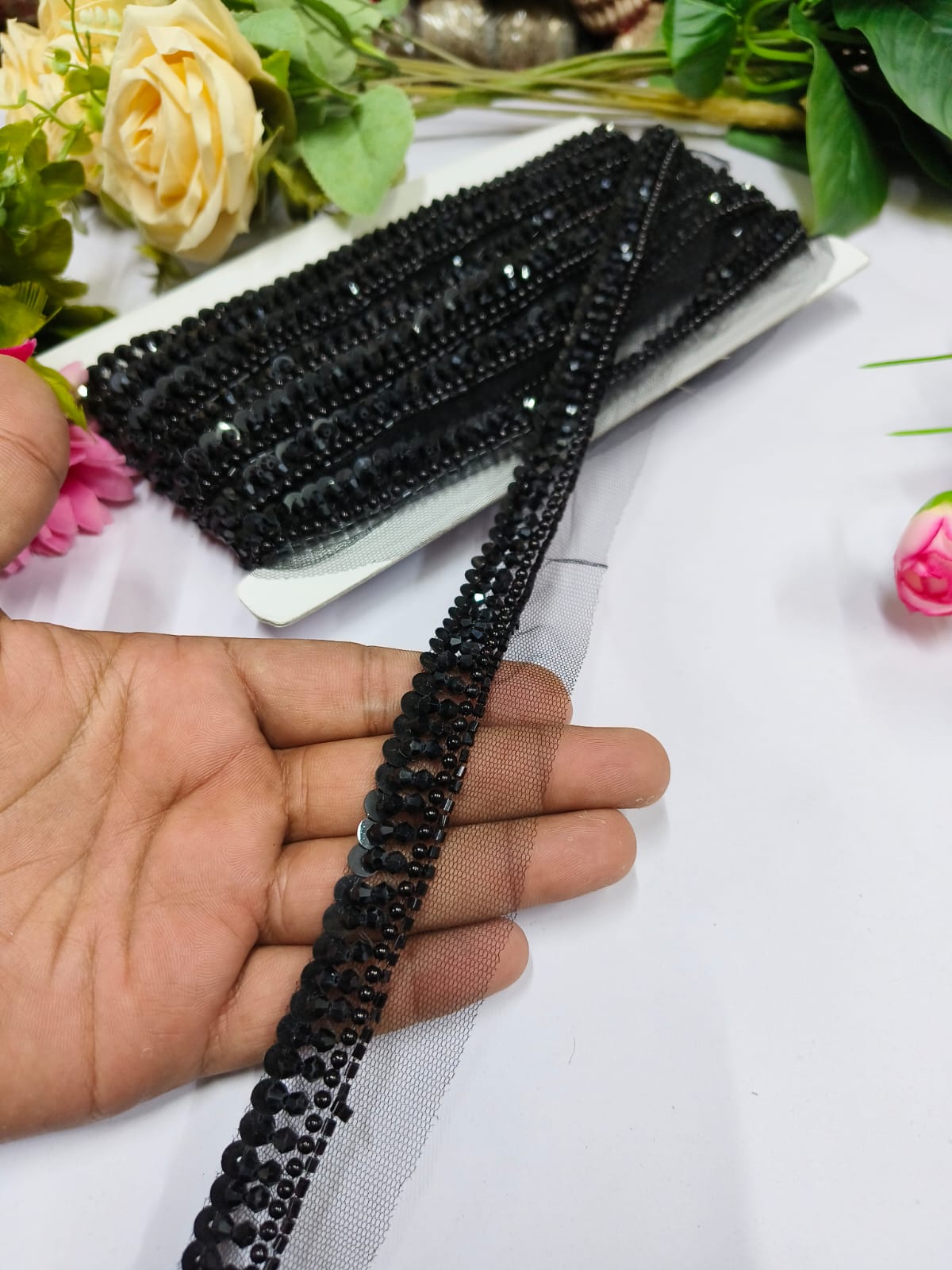 Deeps Creation Handmade Crystal laces Trims Indian handmade Lace Borders – Premium Quality, Intricate Embellishments for Sarees, Lehengas, Bridal Couture, and Luxury Home Decor - Black