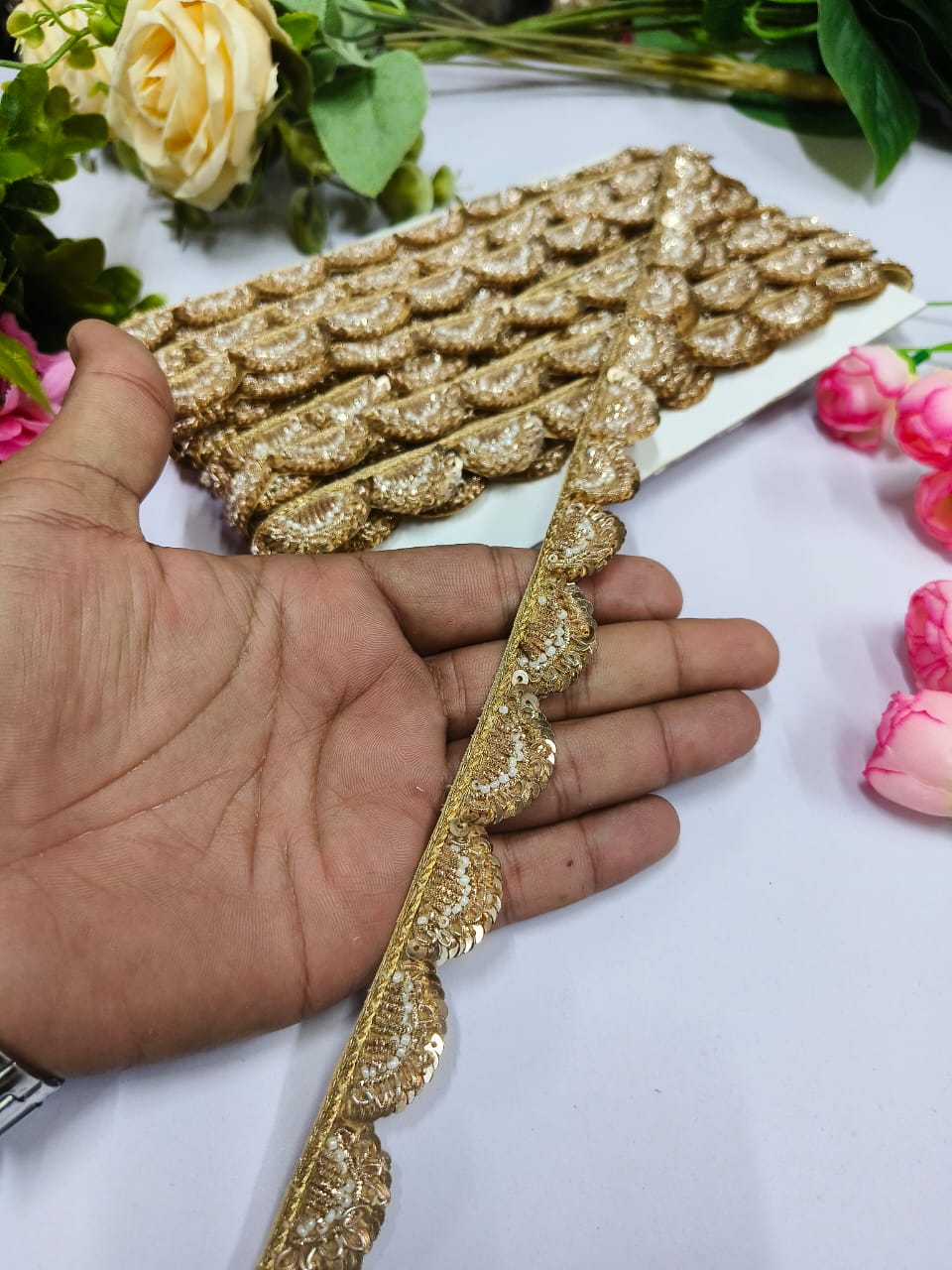Deeps Creation New jardoshi Handwork Lace Borders – Premium Quality, Intricate Embellishments for Sarees, Lehengas, Bridal Couture, and Luxury Home Decor - Unique gold