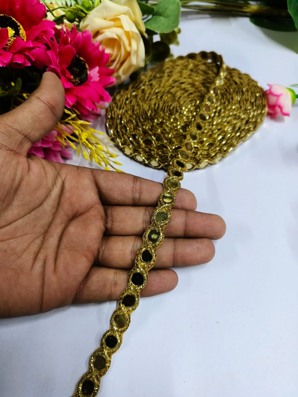 Deeps Creation New Mirror + Jardoshi Handwork Lace Borders – Premium Quality, Intricate Embellishments for Sarees, Lehengas, Bridal Couture, and Luxury Home Decor - Antique gold