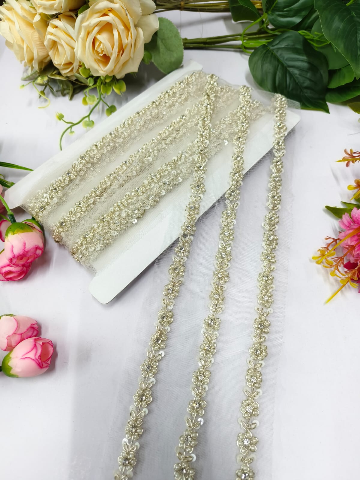 Deeps Creation New Jardoshi Handwork Lace Borders – Premium Quality, Intricate Embellishments for Sarees, Lehengas, Dupattas, and Luxury Home Decor - Cream