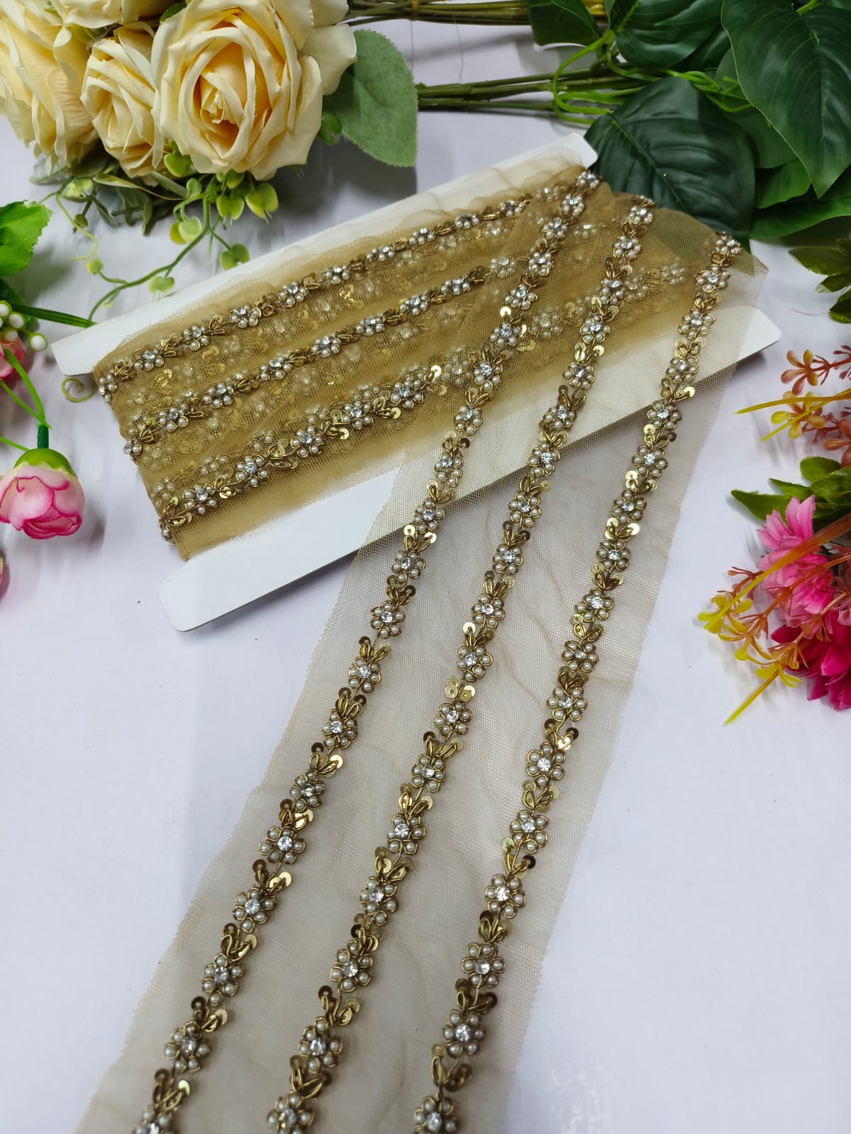 Deeps Creation New Jardoshi Handwork Lace Borders – Premium Quality, Intricate Embellishments for Sarees, Lehengas, Dupattas, and Luxury Home Decor - Antique Gold