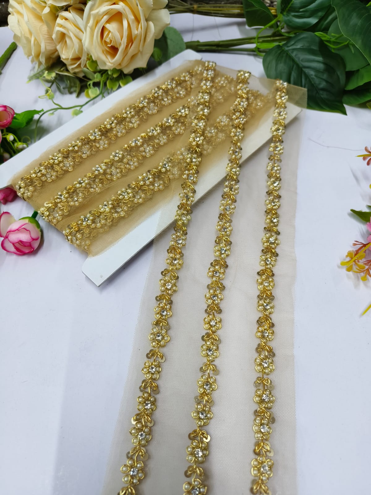 Deeps Creation New Jardoshi Handwork Lace Borders – Premium Quality, Intricate Embellishments for Sarees, Lehengas, Dupattas, and Luxury Home Decor - Gold
