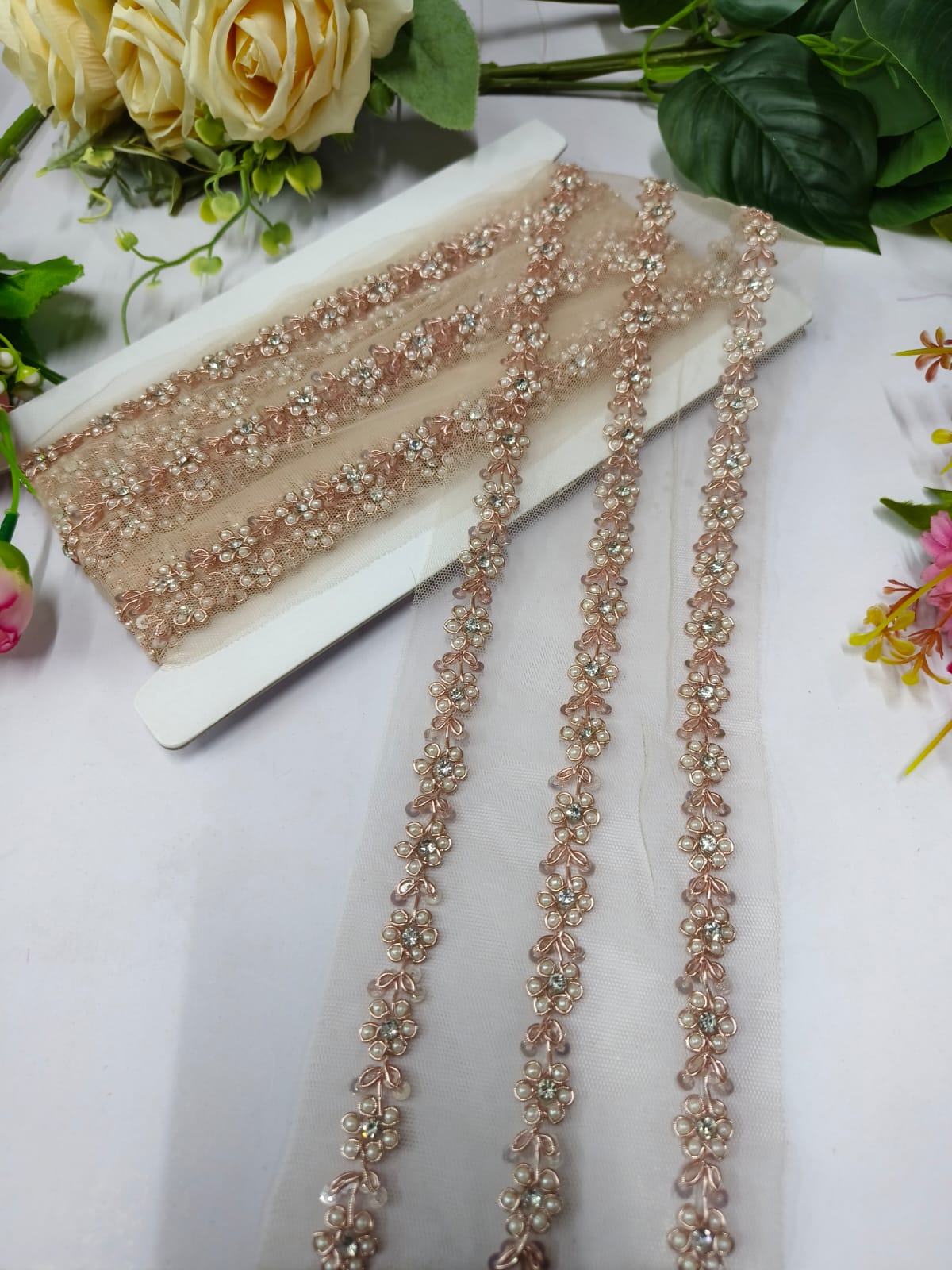 Deeps Creation New Jardoshi Handwork Lace Borders – Premium Quality, Intricate Embellishments for Sarees, Lehengas, Dupattas, and Luxury Home Decor - Rose Gold