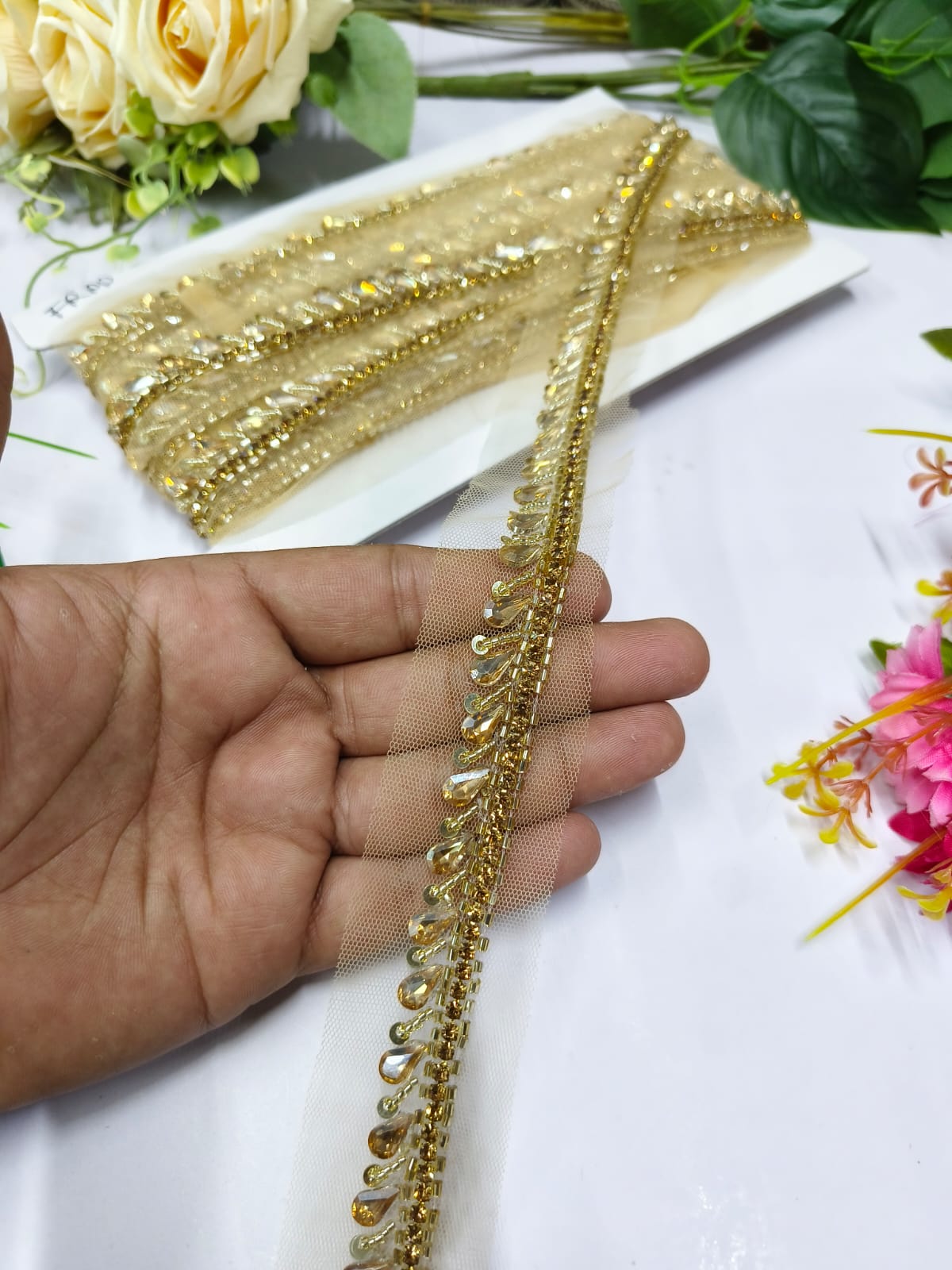 Deeps Creation New Stone Work Handmade Lace Borders – Premium Quality, Intricate Embellishments for Sarees, Lehengas, Dupattas, and Luxury Home Decor - Gold