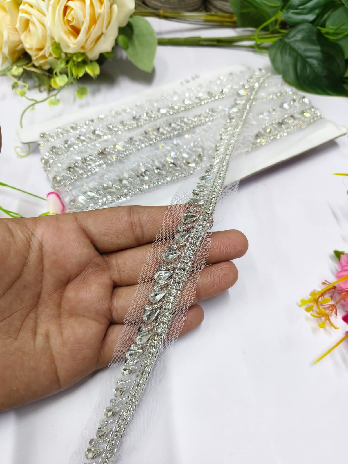 Deeps Creation New Stone Work Handmade Lace Borders – Premium Quality, Intricate Embellishments for Sarees, Lehengas, Dupattas, and Luxury Home Decor - Silver