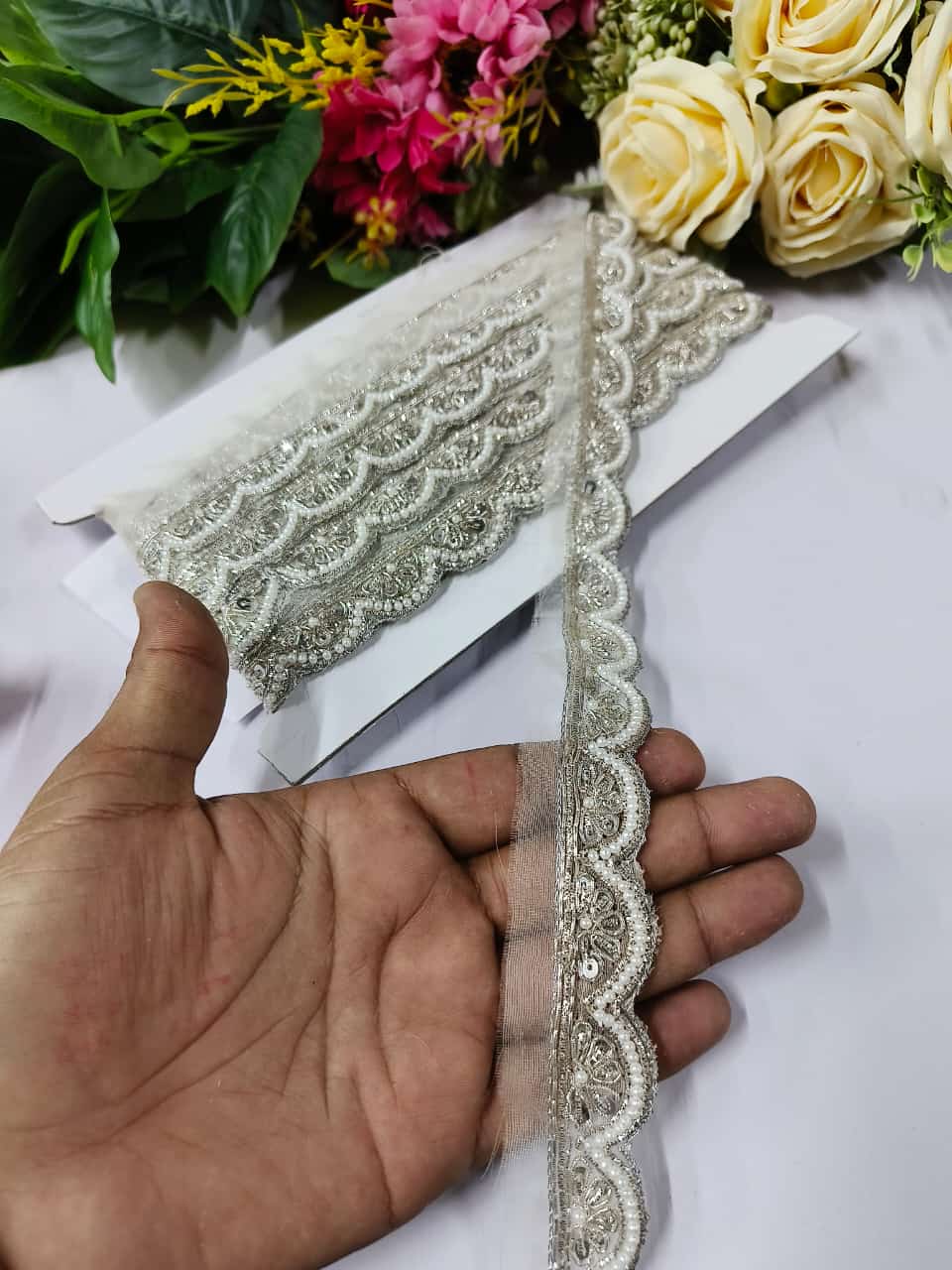 Deeps Creation New Jardoshi with Pearl Work Handmade Lace – Premium Quality, Intricate Embellishments for Sarees, Lehengas, Bridal Couture, and Luxury Home Decor - Silver