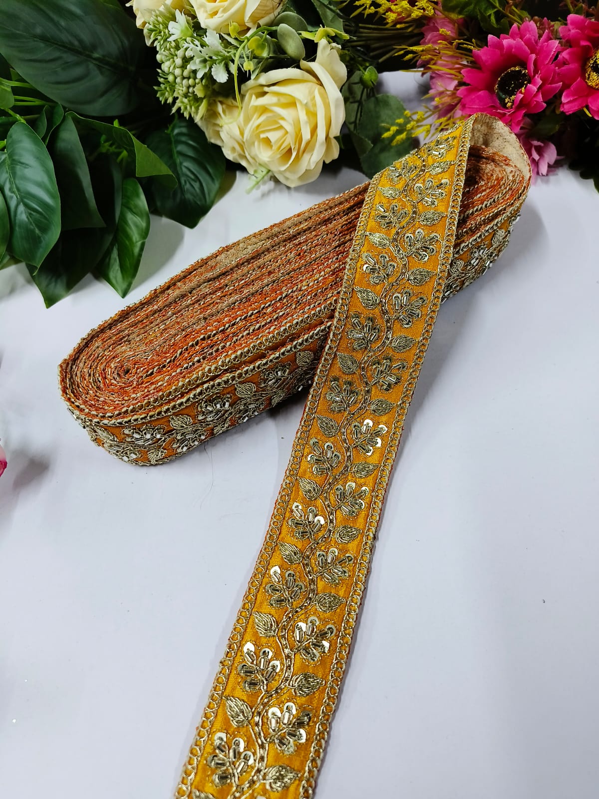 Deeps Creation New Jardoshi with Maggam Work Lace – Premium Quality, Intricate Embellishments for Sarees, Lehengas, Bridal Couture, and Luxury Home Decor - Dark Yellow