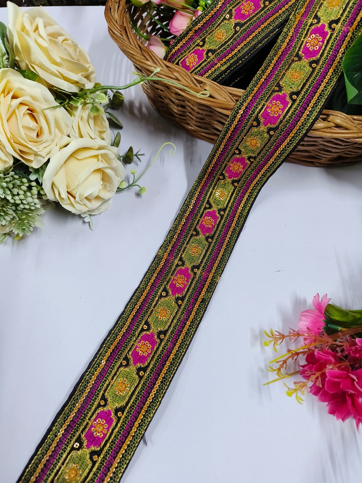 Embroidered Fabric Trim Indian Embroidery Sari Border Crafting Saree Sewing Decorative Beach Bag Cushions Trimmings Ribbons Tape, Jewelry Making Trim, Table Runner Lace - Black With Multi