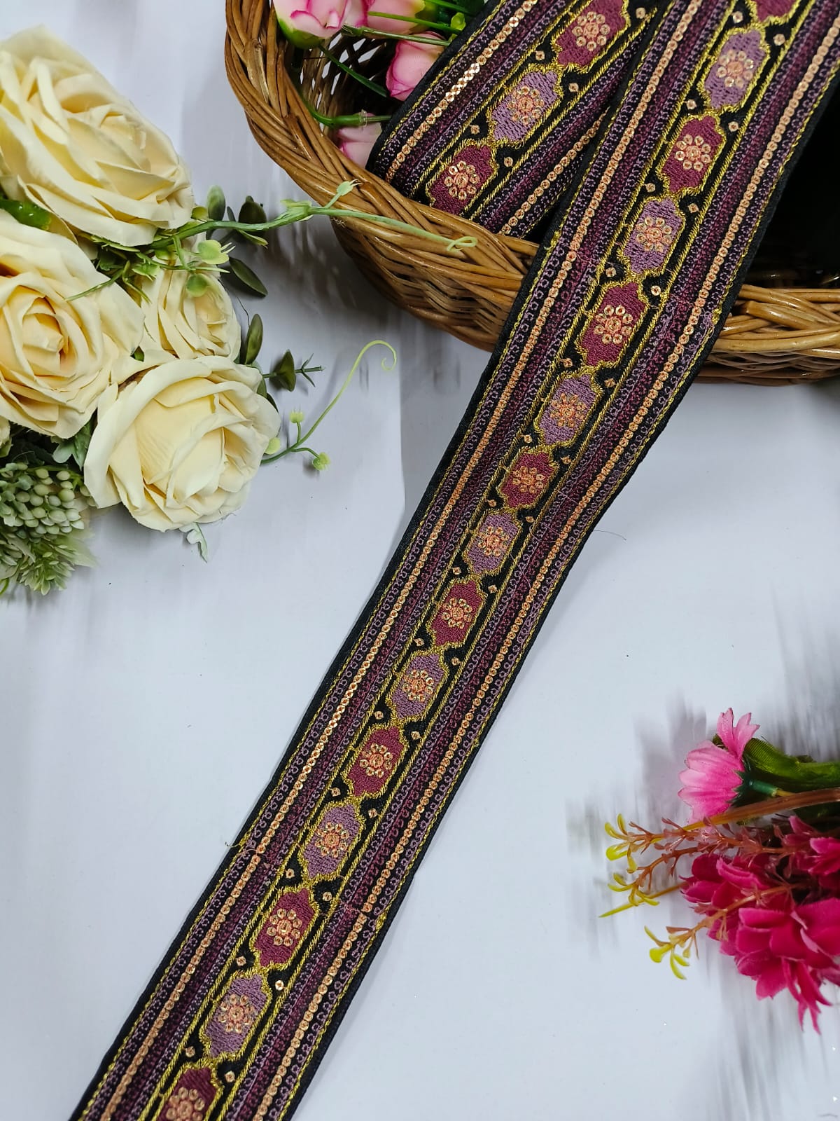 Embroidered Fabric Trim Indian Embroidery Sari Border Crafting Saree Sewing Decorative Beach Bag Cushions Trimmings Ribbons Tape, Jewelry Making Trim, Table Runner Lace - Black With Multi