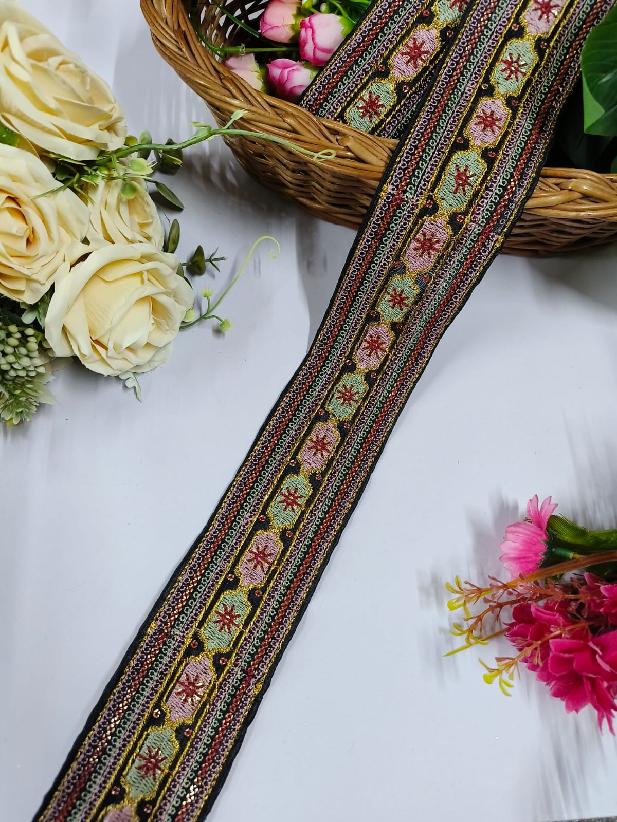 Embroidered Fabric Trim Indian Embroidery Sari Border Crafting Saree Sewing Decorative Beach Bag Cushions Trimmings Ribbons Tape, Jewelry Making Trim, Table Runner Lace - Black With Multi