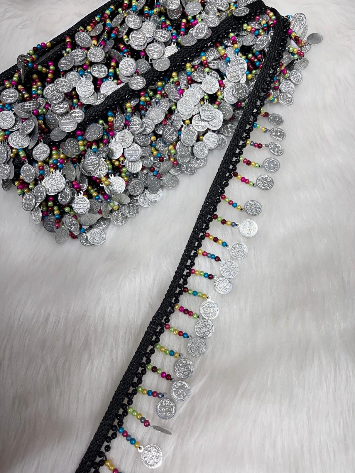 Coin Lace Multi Bead and Coin Lace Trim, Hanging Beaded Coin for Saree Sewing Decorative Beach Bag Cushions Trimmings Ribbons Tape, Jewelry Making Trim, Table Runner Lace