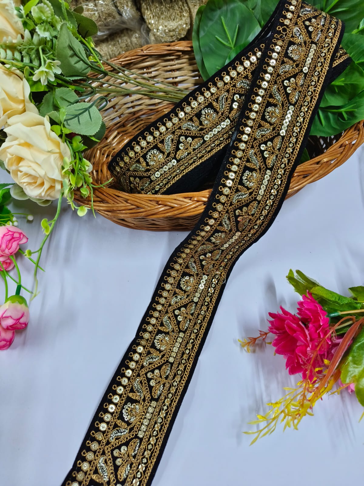 Deeps Creation New Antique Zari Lace In Velvet Saree Dupattas Borders Premium Quality, Intricate Embellishments for Sarees, Lehengas, Bridal Couture, and Luxury Home Decor -Black