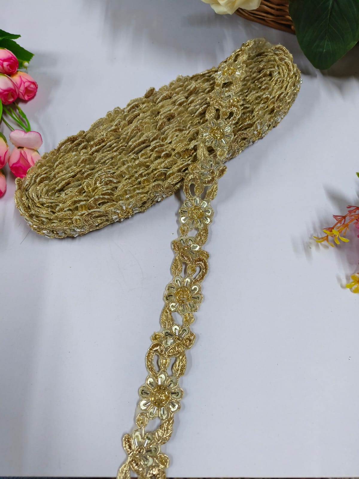 New Cutdana Cutwork Gold Lace Embroidery Sari Border Crafting Saree Sewing Decorative Beach Bag Cushions Trimmings Ribbons Tape, Jewelry Making Trim, Table Runner Lace - Gold