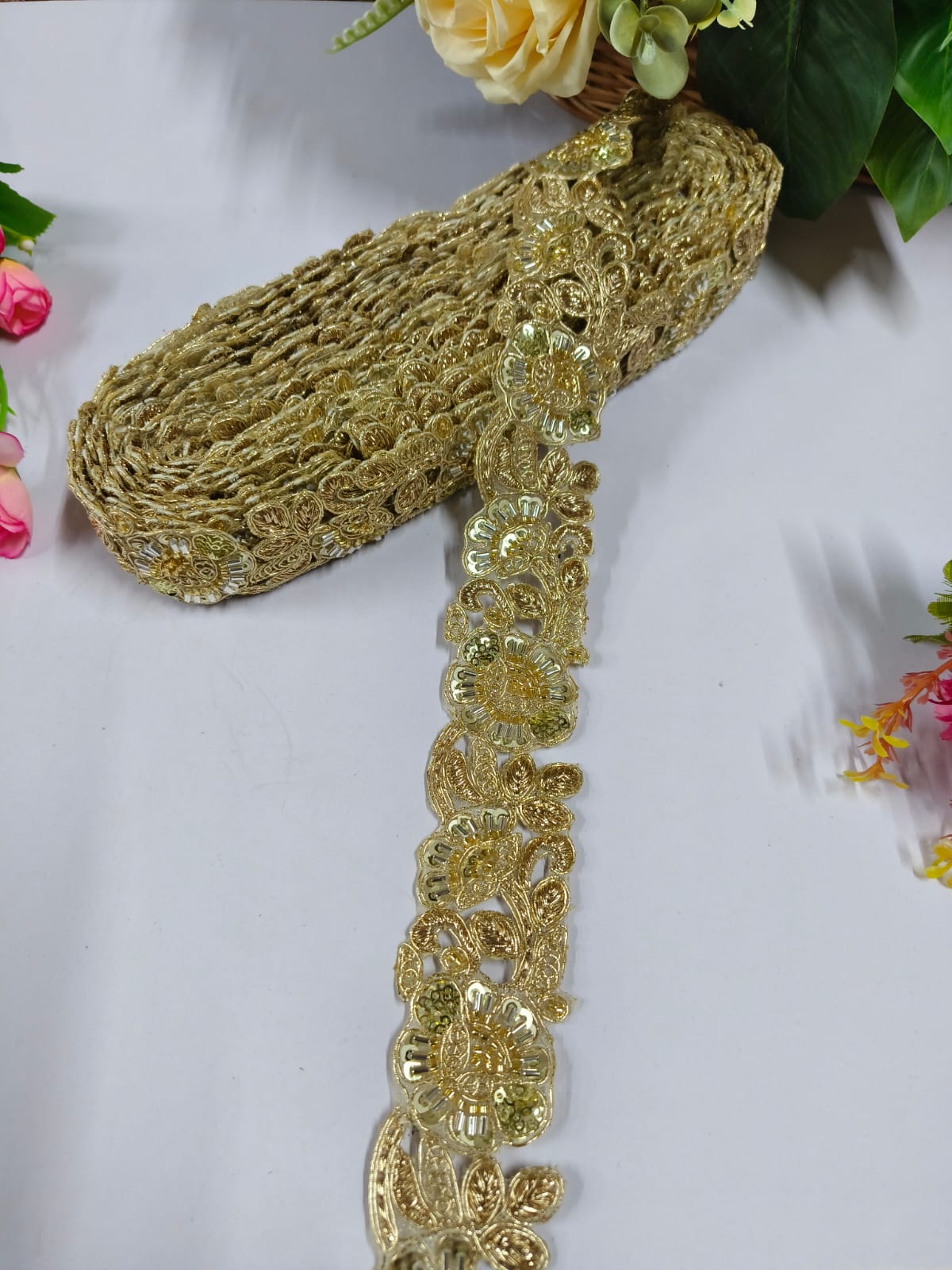 New Cutdana Cutwork Gold Lace Embroidery Sari Border Crafting Saree Sewing Decorative Beach Bag Cushions Trimmings Ribbons Tape, Jewelry Making Trim, Table Runner Lace - Gold