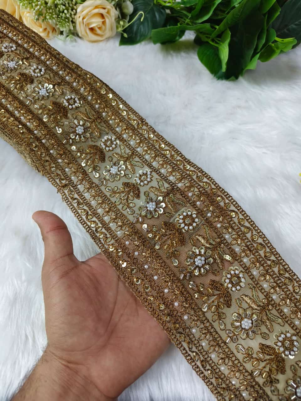 Deeps Creation New Cutdana Maggam Work Lace Parl with Cutdana – Premium Quality, Intricate Embellishments for Sarees, Lehengas, Bridal Couture, and Luxury Home Decor - Antique Gold