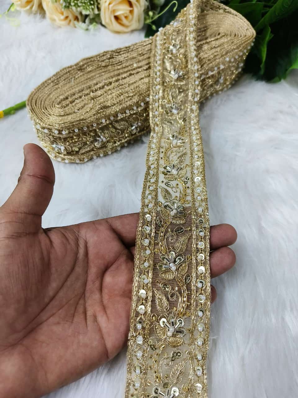 New Cutdana Maggam Work Lace Parl with Cutdana – Premium Quality, Intricate Embellishments for Sarees, Lehengas, Bridal Couture, and Luxury Home Decor - Gold