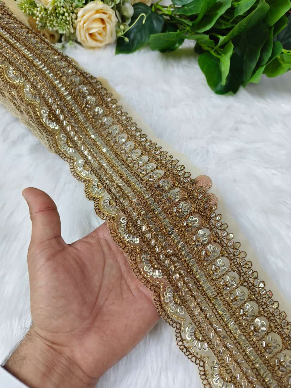 New Cutdana Maggam Work Lace Parl – Premium Quality, Intricate Embellishments for Sarees, Lehengas, Bridal Couture, and Luxury Home Decor - Antique Gold