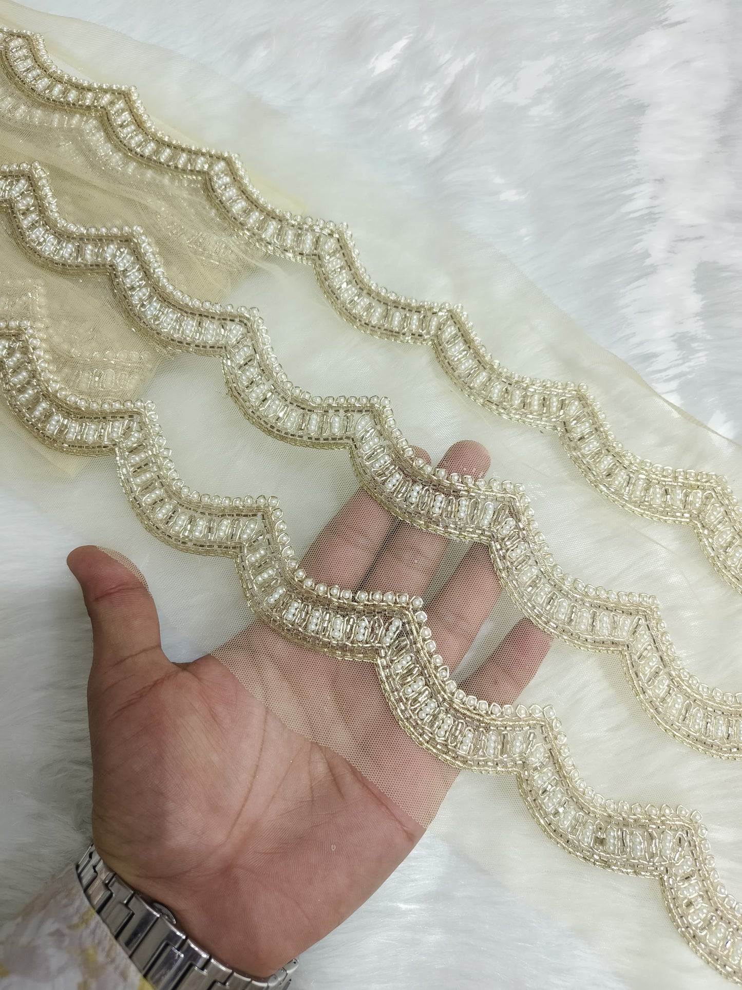Handcrafted Pearl And Zardozi Lace Borders – Premium Quality, Intricate Embellishments for Sarees, Lehengas, Bridal Couture, and Luxury Home Decor - Pani Gold