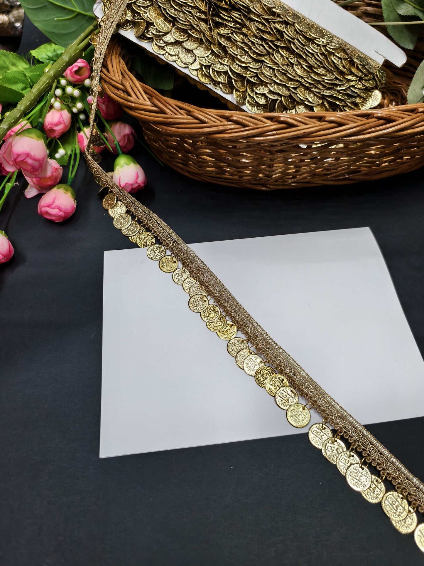 Coin Hanging Laces for Sari Border Crafting Saree Sewing Decorative Beach Bag Cushions Trimmings Ribbons Tape, Jewelry Making Trim, Table Runner Lace - Gold