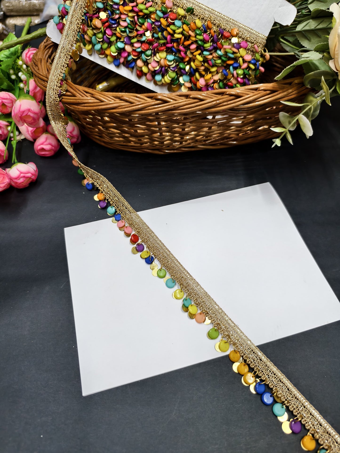 Coin with Beads Hanging Laces for Sari Border Crafting Saree Sewing Decorative Beach Bag Cushions Trimmings Ribbons Tape, Jewelry Making Trim, Table Runner Lace - Gold