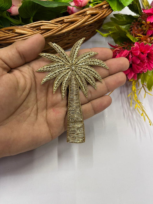 Handcrafted Zardozi Work Coconut Tree Shape Patch – Premium Designer Embellishment | Antique