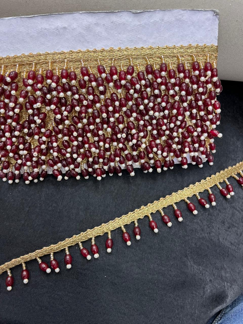 Beautiful Crystal Hanging Lace for Blouses & Dupattas – Premium Designer Latkan Lace | Maroon